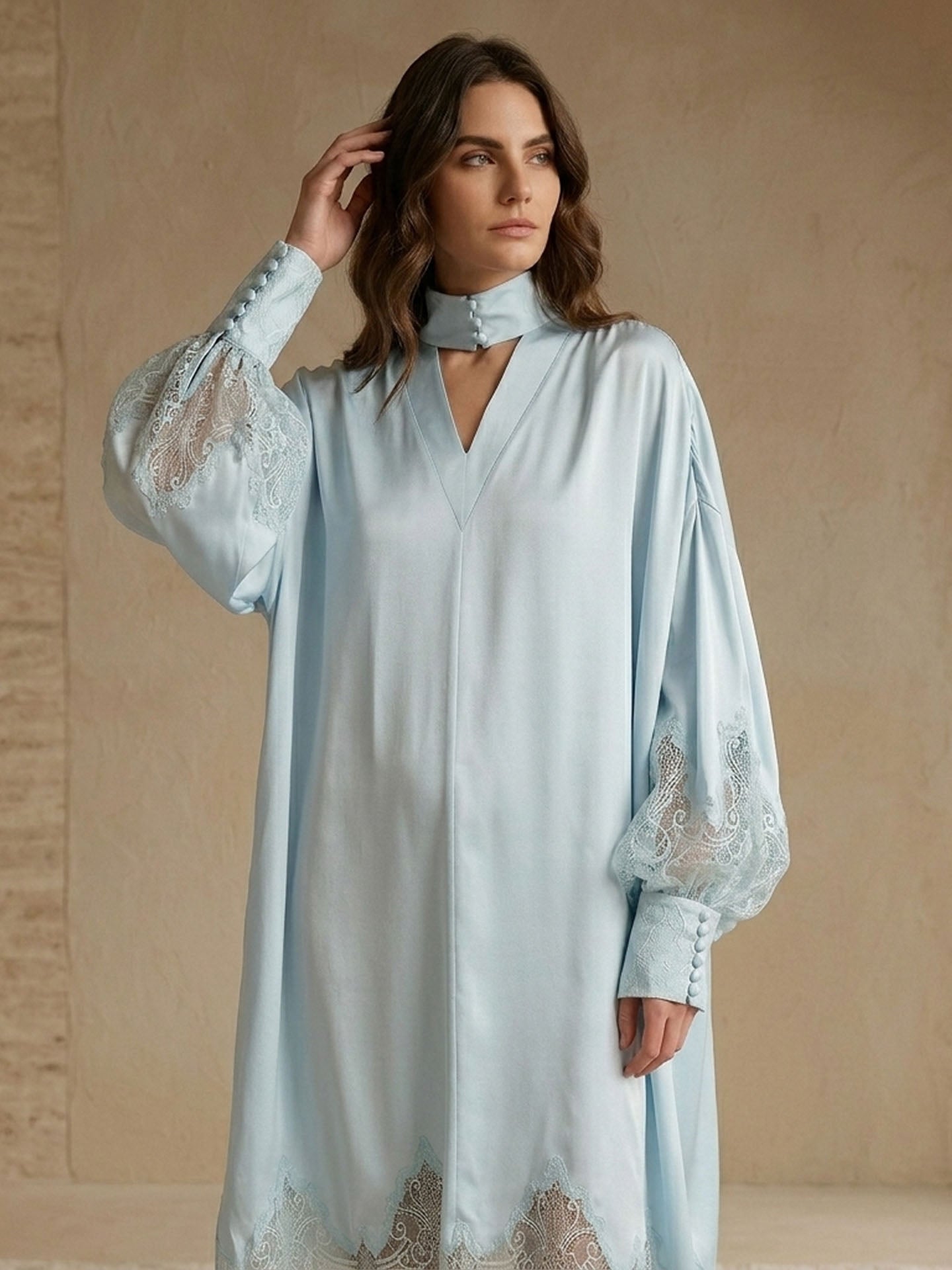 Lace Trim Silk Satin Lantern Sleeve Dress#color_Baby Blue