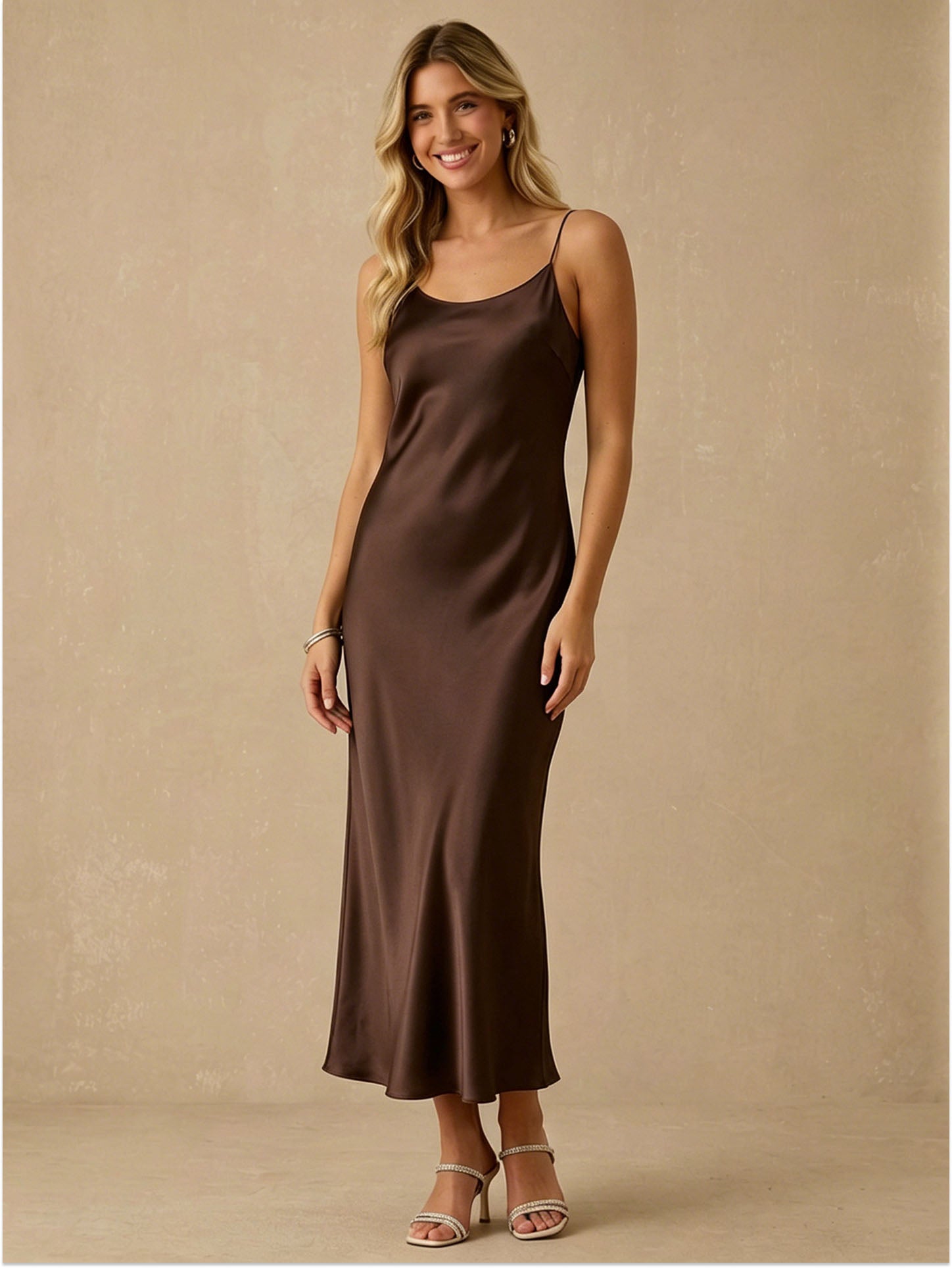 Classic Scoop Neck Mulberry Silk Slip Dress#color_Chocolate