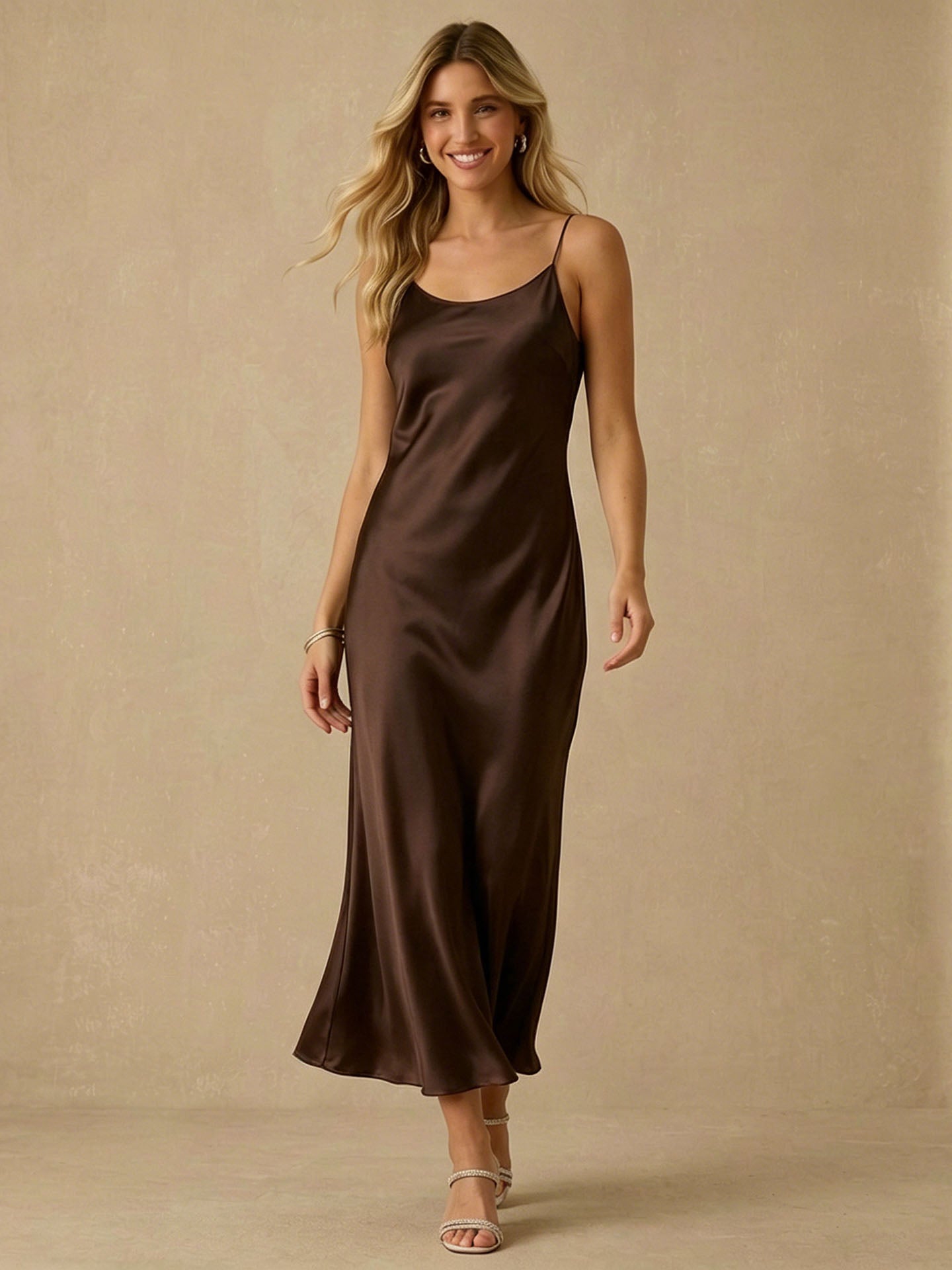 Classic Scoop Neck Mulberry Silk Slip Dress#color_Chocolate
