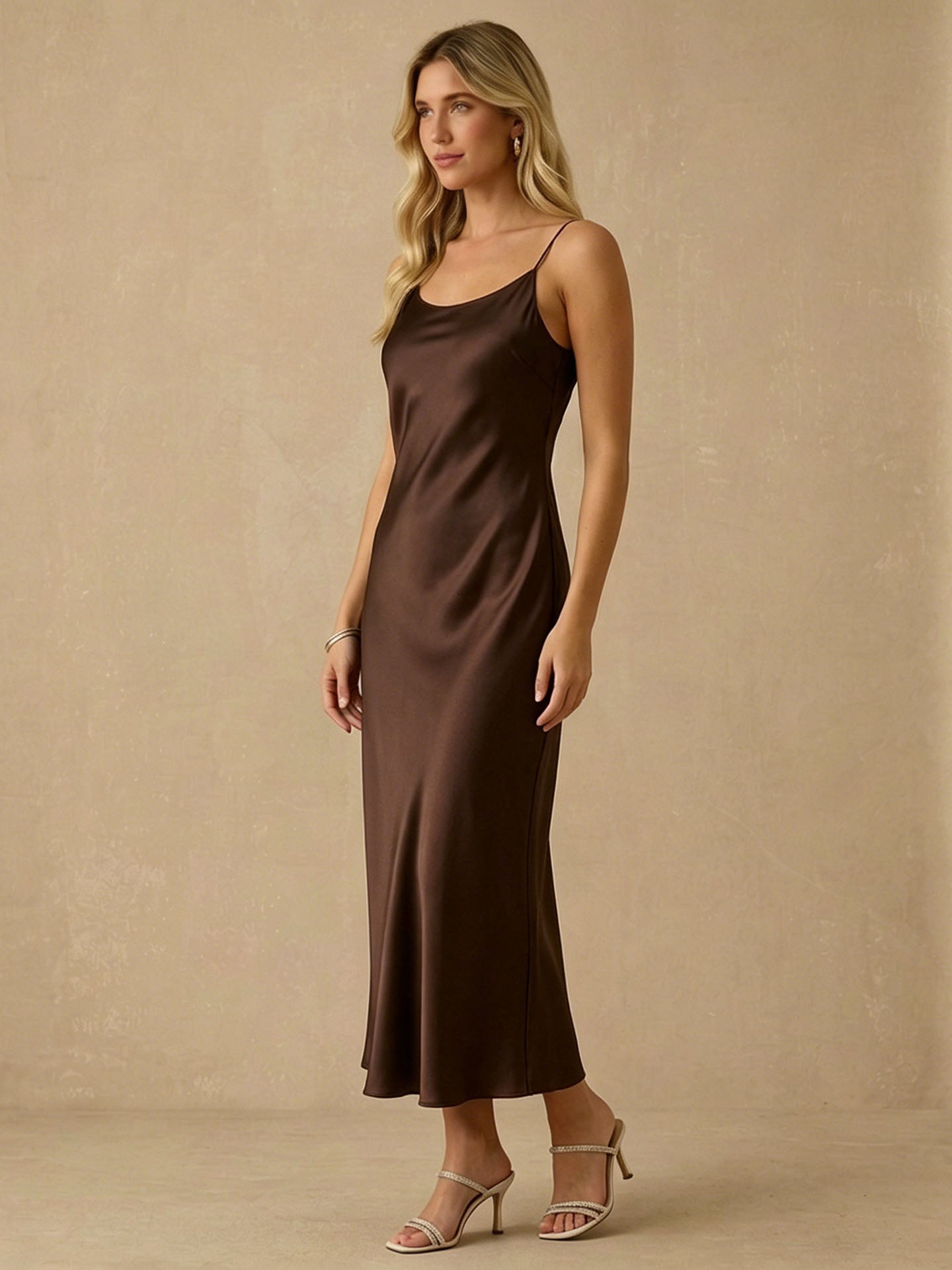 Classic Scoop Neck Mulberry Silk Slip Dress#color_Chocolate