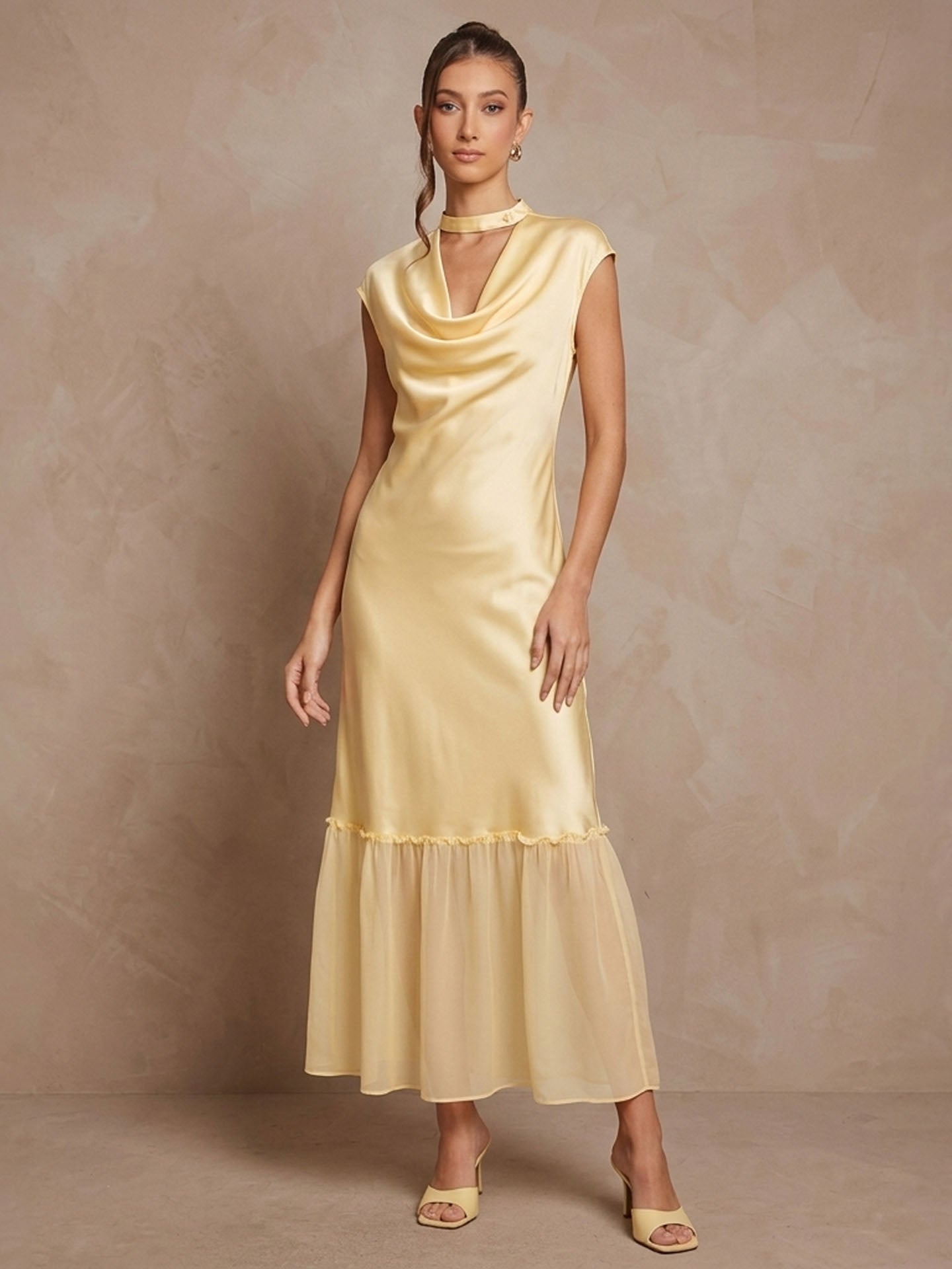 Cowl Neck Cap Sleeve Silk Georgette Patchwork Dress#color_Light Lemon Yellow
