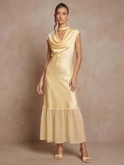 Cowl Neck Cap Sleeve Silk Georgette Patchwork Dress#color_Light Lemon Yellow