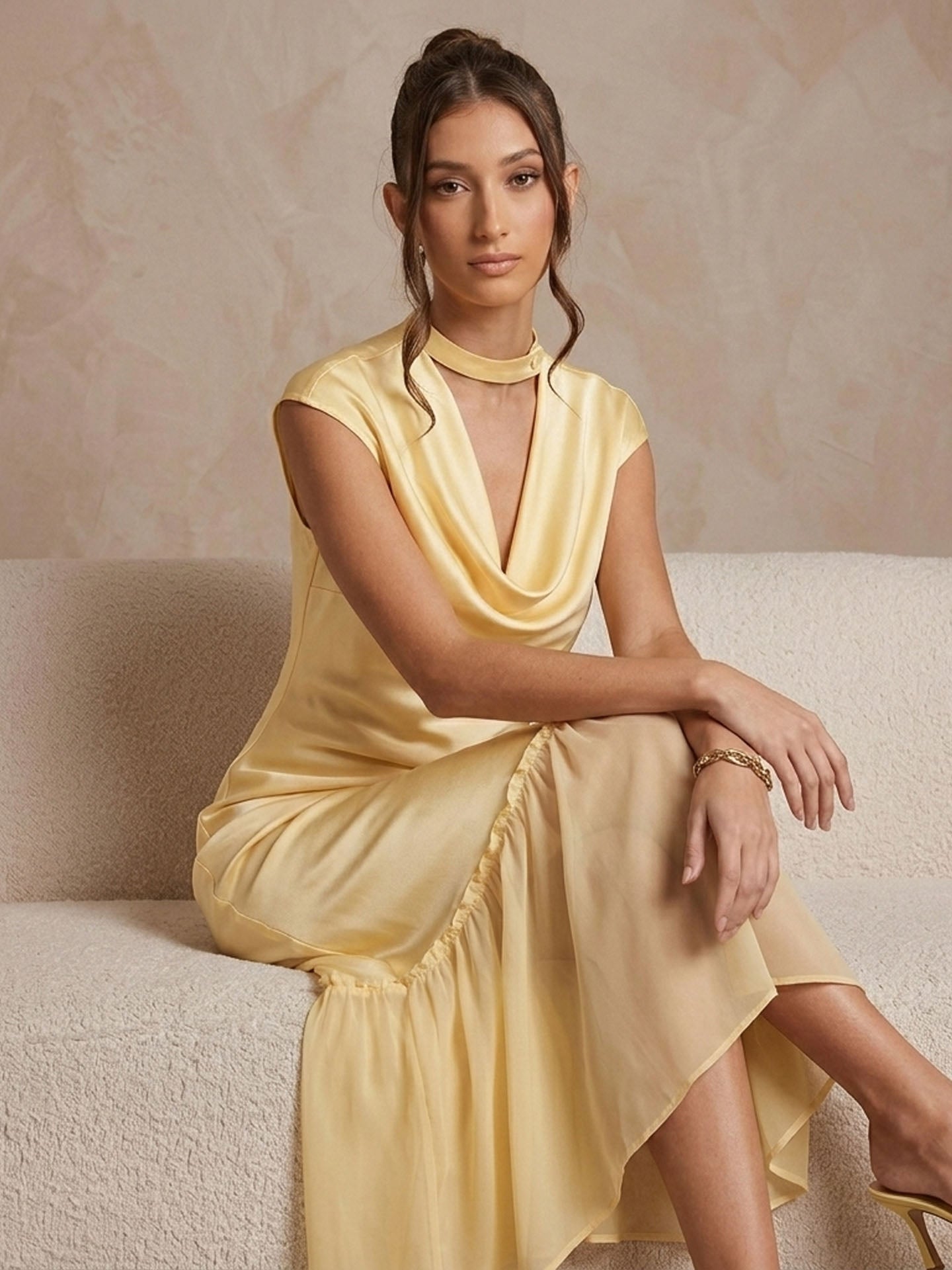 Cowl Neck Cap Sleeve Silk Georgette Patchwork Dress#color_Light Lemon Yellow