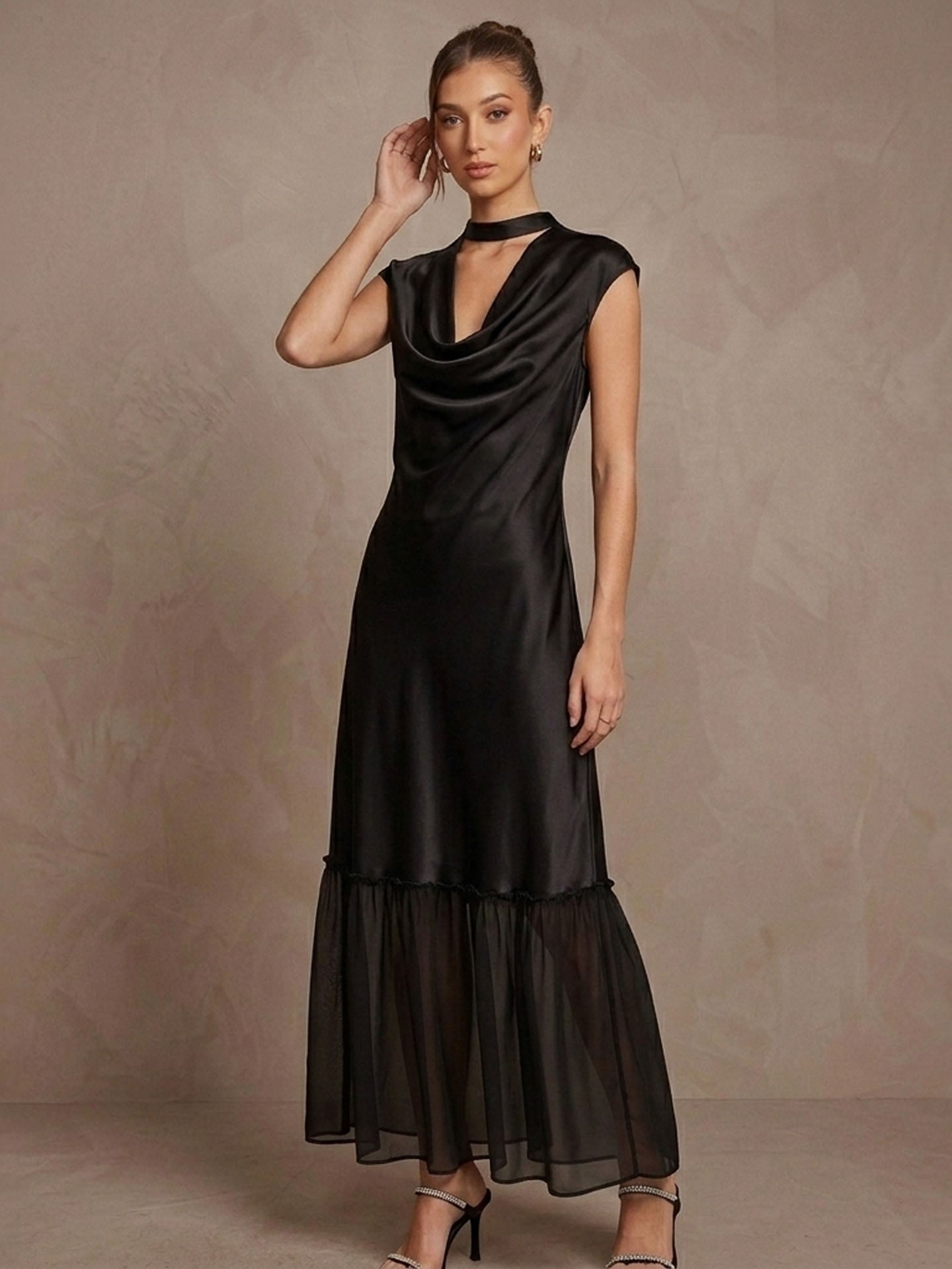 Cowl Neck Cap Sleeve Silk Georgette Patchwork Dress#color_Black