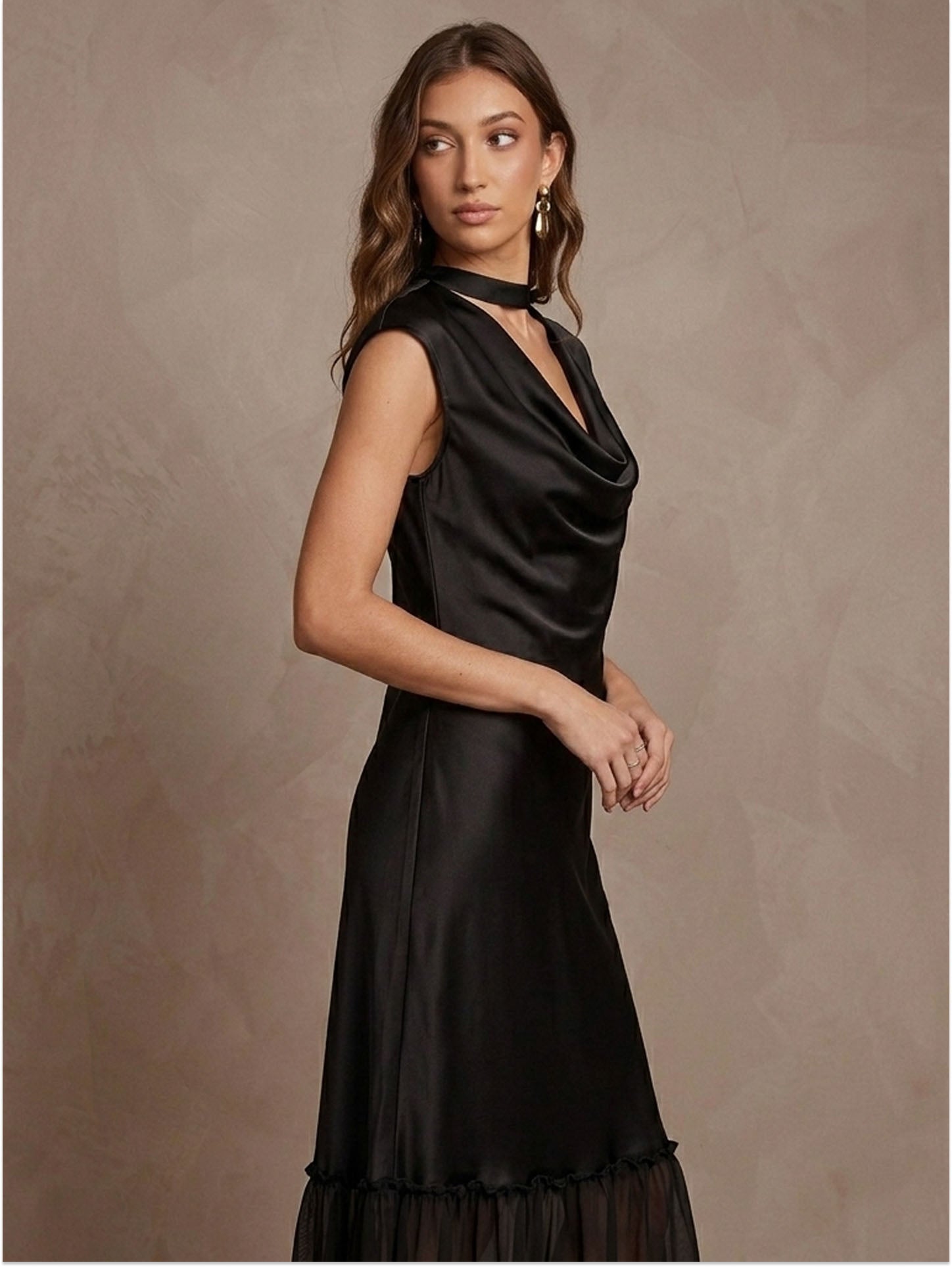 Cowl Neck Cap Sleeve Silk Georgette Patchwork Dress#color_Black