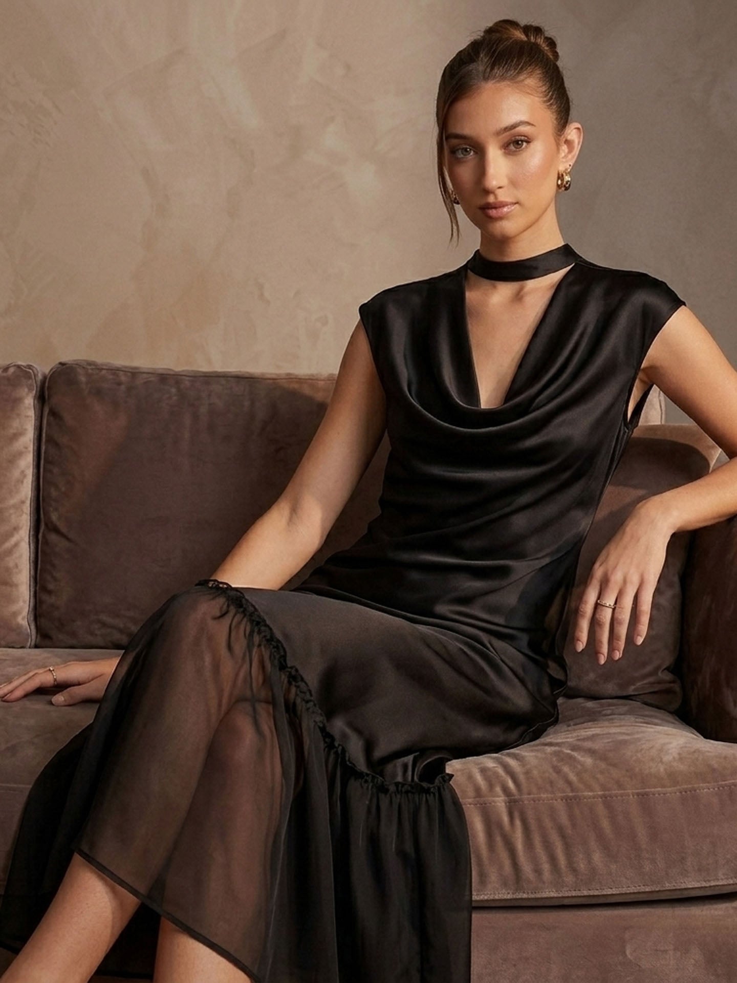 Cowl Neck Cap Sleeve Silk Georgette Patchwork Dress#color_Black