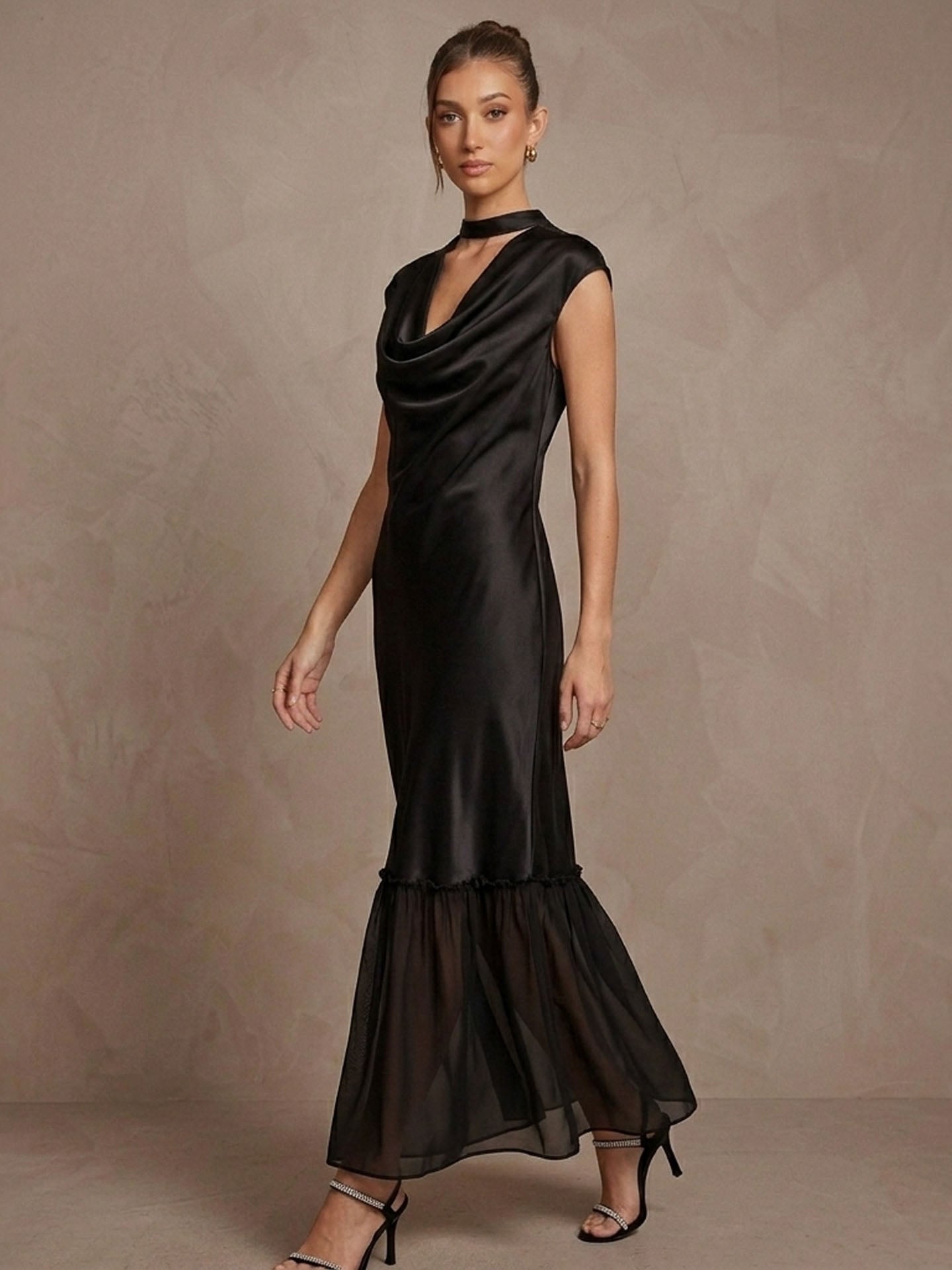 Cowl Neck Cap Sleeve Silk Georgette Patchwork Dress#color_Black