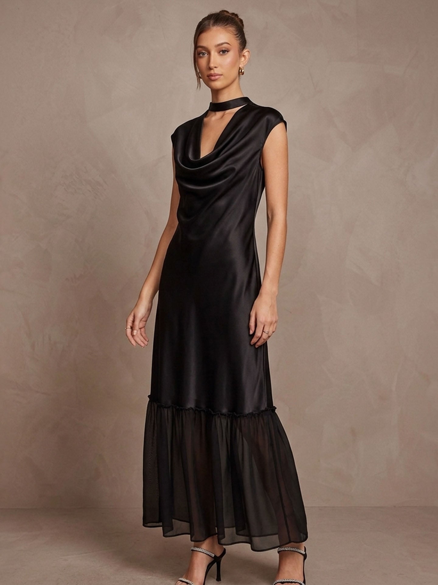 Cowl Neck Cap Sleeve Silk Georgette Patchwork Dress#color_Black