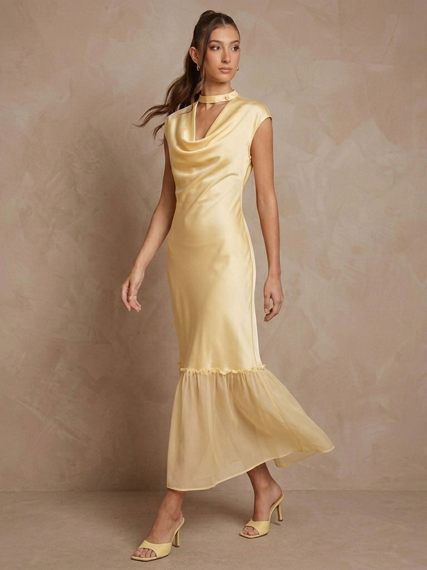 Cowl Neck Cap Sleeve Silk Georgette Patchwork Dress#color_Light Lemon Yellow