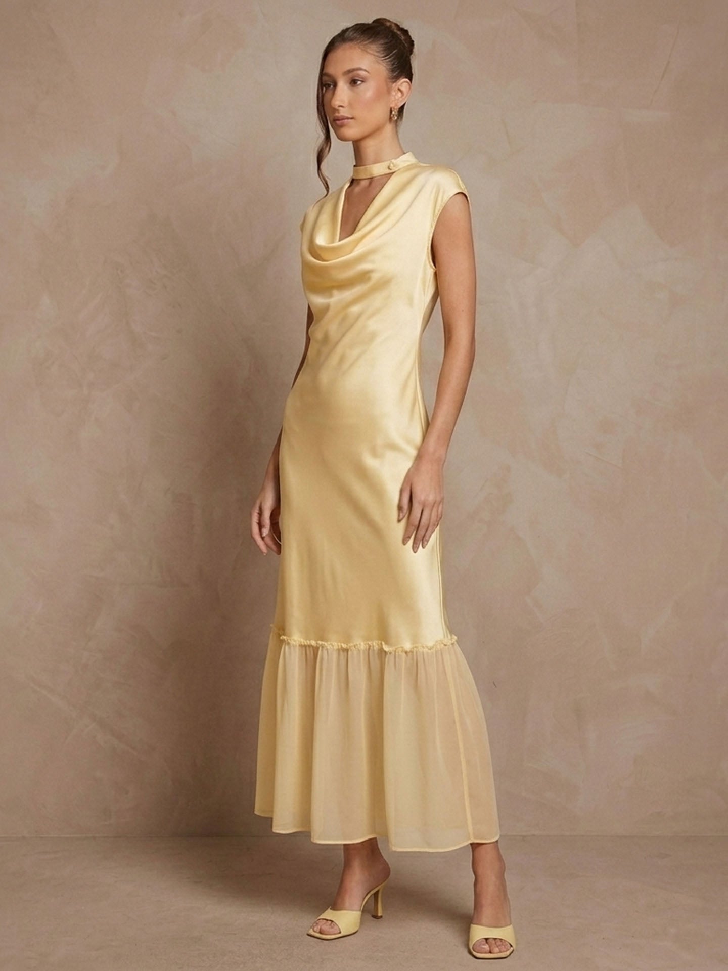 Cowl Neck Cap Sleeve Silk Georgette Patchwork Dress#color_Light Lemon Yellow