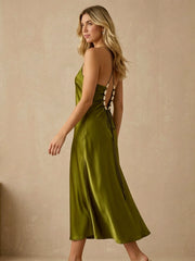 Beaded Back Halter Mulberry Silk Midi Dress#color_Dark Olive