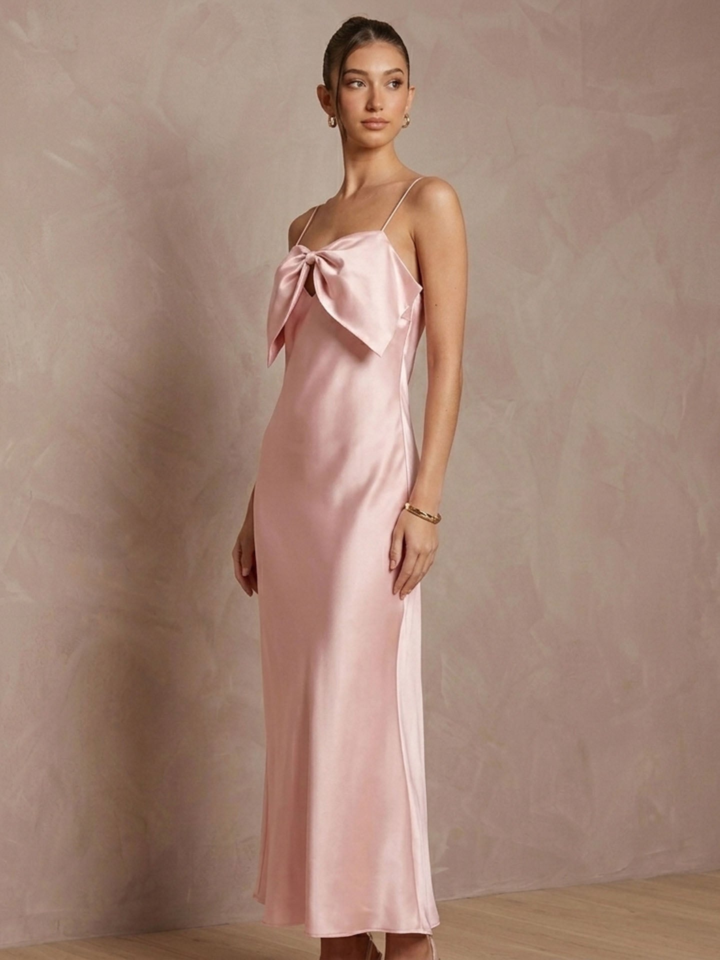 Bow Detail Satin Cami Maxi Dress#color_Blush Pink