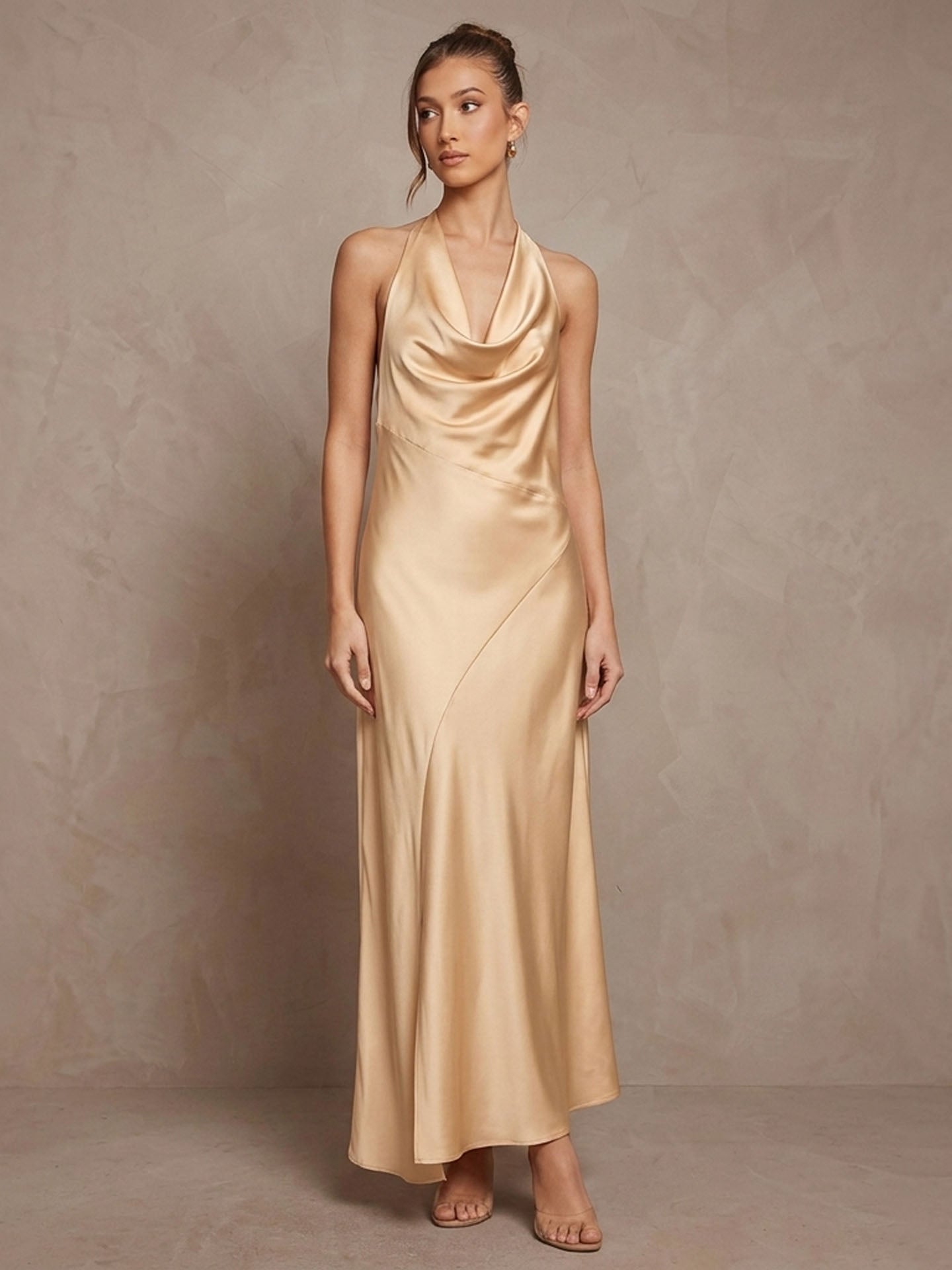 Beaded Back Halter Mulberry Silk Midi Dress#color_Dark Olive