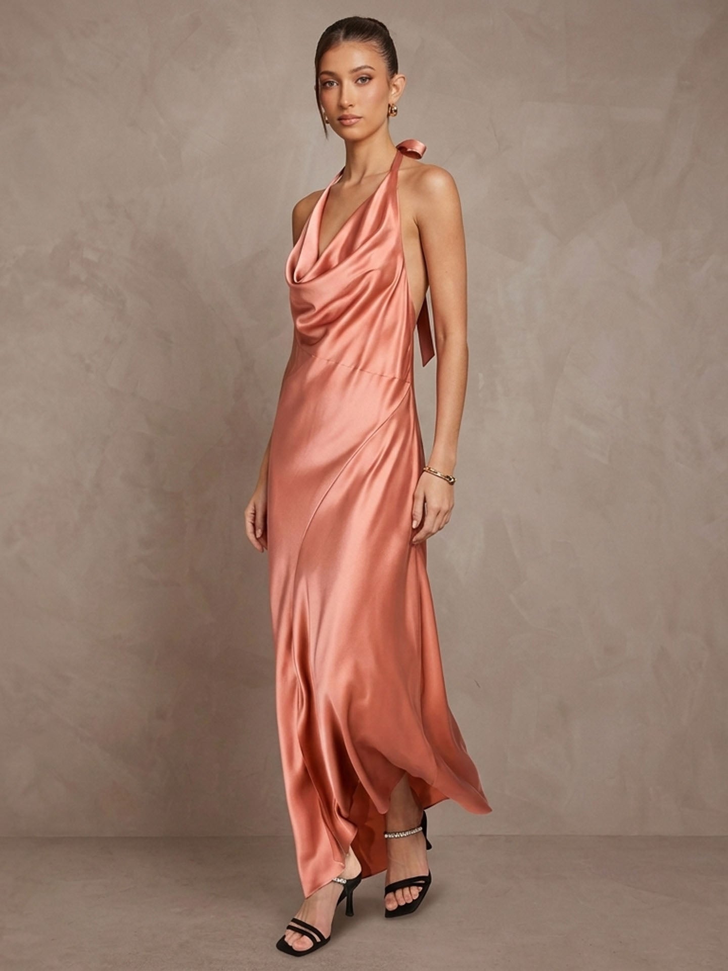 Cowl Neck Halter Silk Maxi Dress#color_Dusty Rose