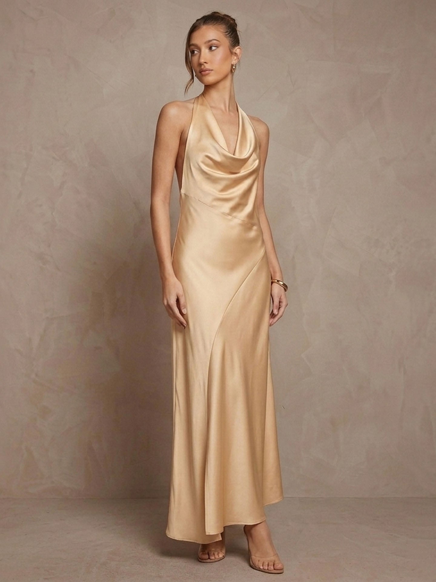 Beaded Back Halter Mulberry Silk Midi Dress#color_Dark Olive