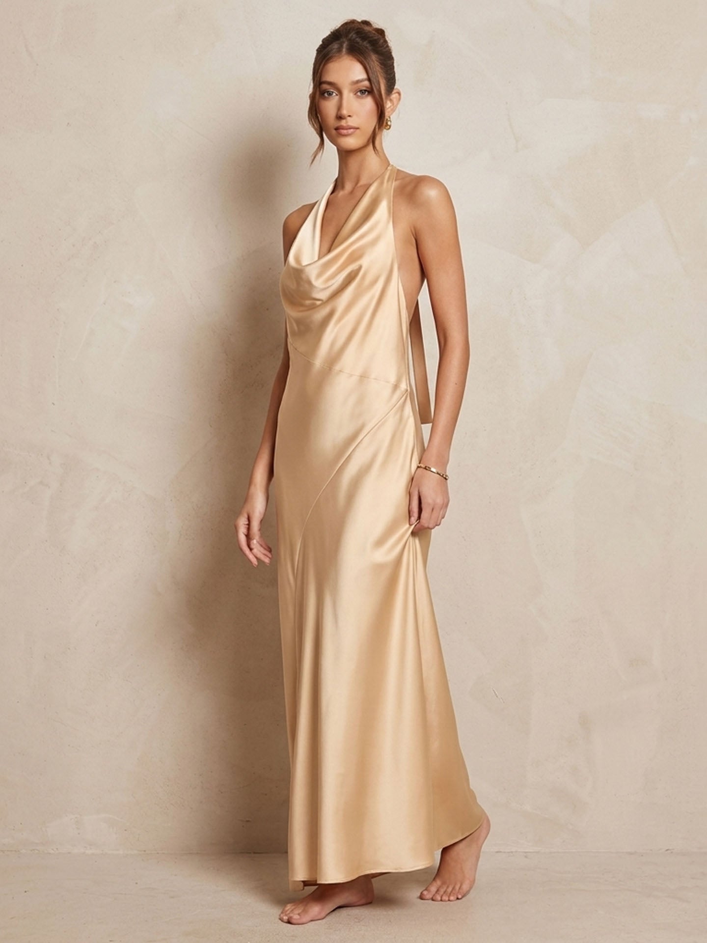 Beaded Back Halter Mulberry Silk Midi Dress#color_Dark Olive