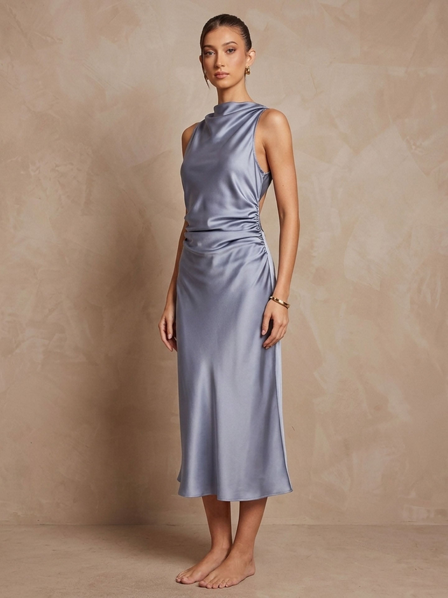 Elegant Cowl Neck Ruched Silk Midi Dress#color_Blue Grey