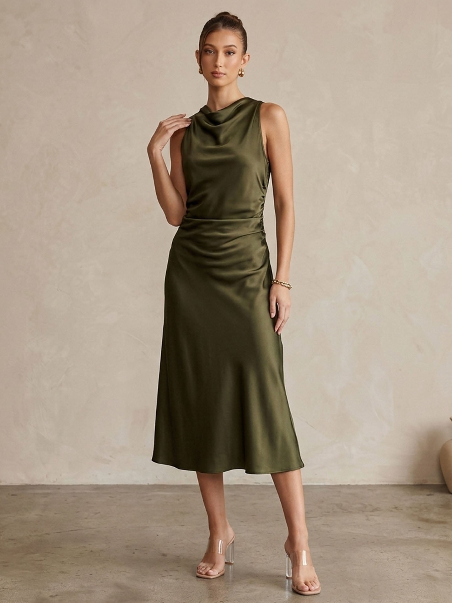 Elegant Cowl Neck Ruched Silk Midi Dress#color_Army Green