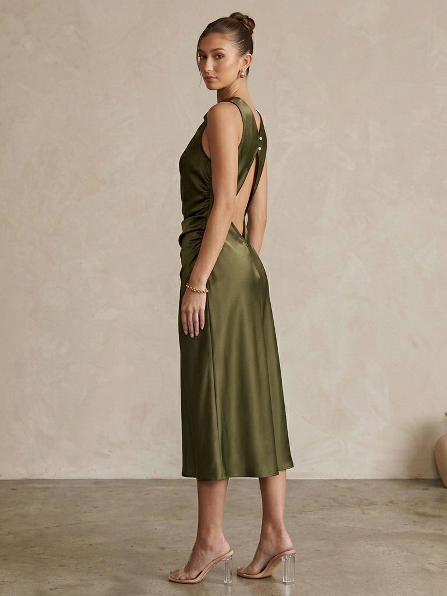 Elegant Cowl Neck Ruched Silk Midi Dress#color_Army Green