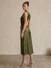 Elegant Cowl Neck Ruched Silk Midi Dress#color_Army Green