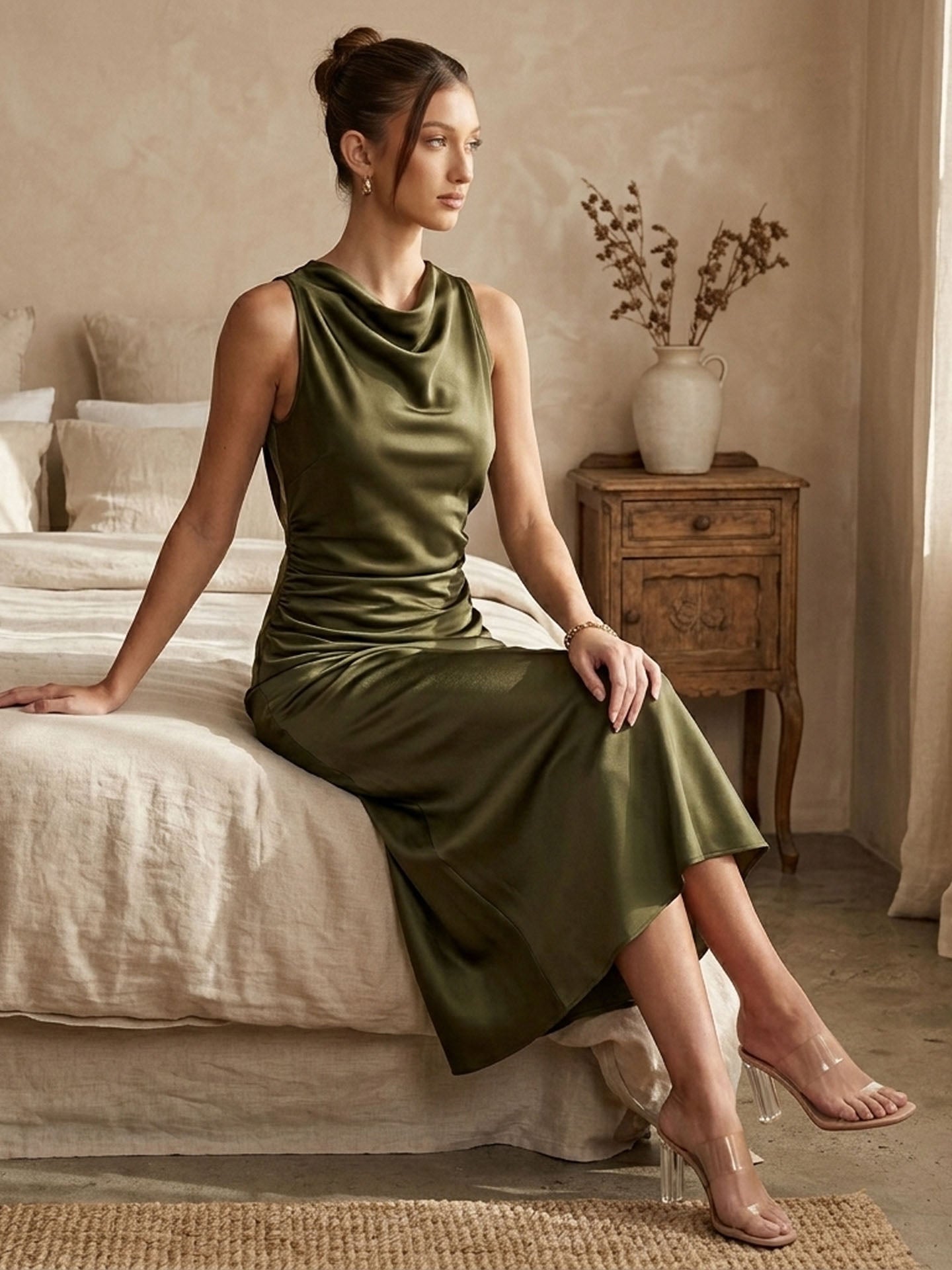 Elegant Cowl Neck Ruched Silk Midi Dress#color_Army Green
