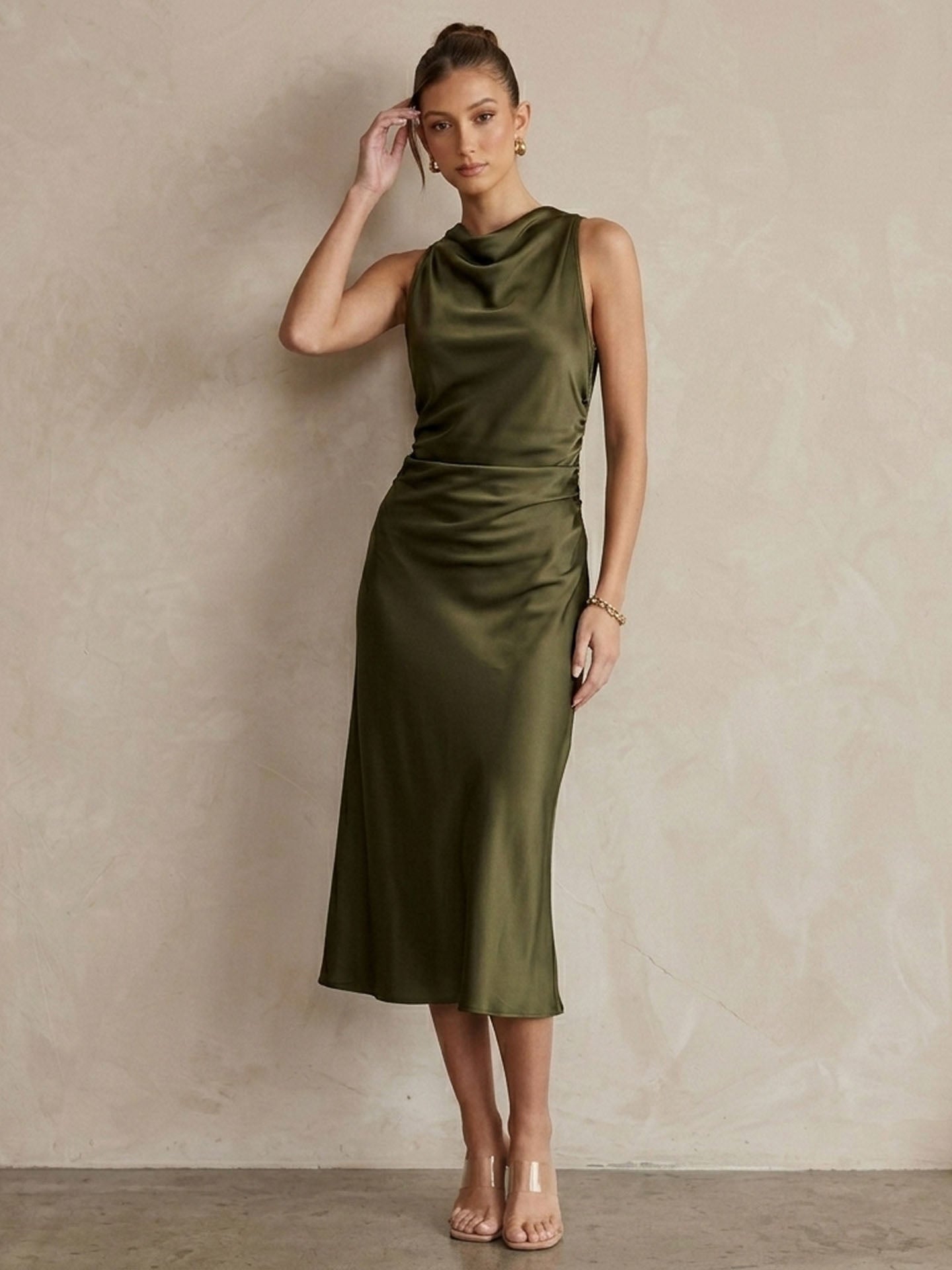 Elegant Cowl Neck Ruched Silk Midi Dress#color_Army Green