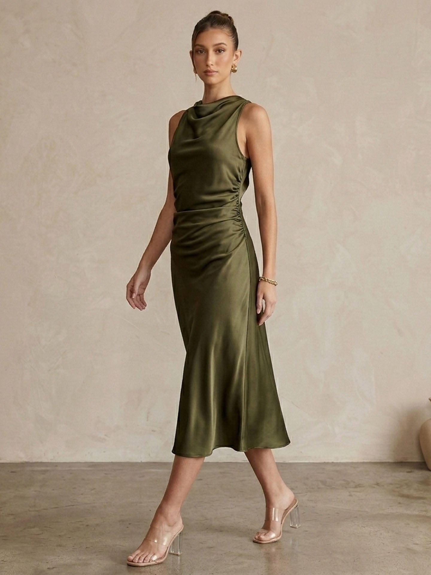Elegant Cowl Neck Ruched Silk Midi Dress#color_Army Green