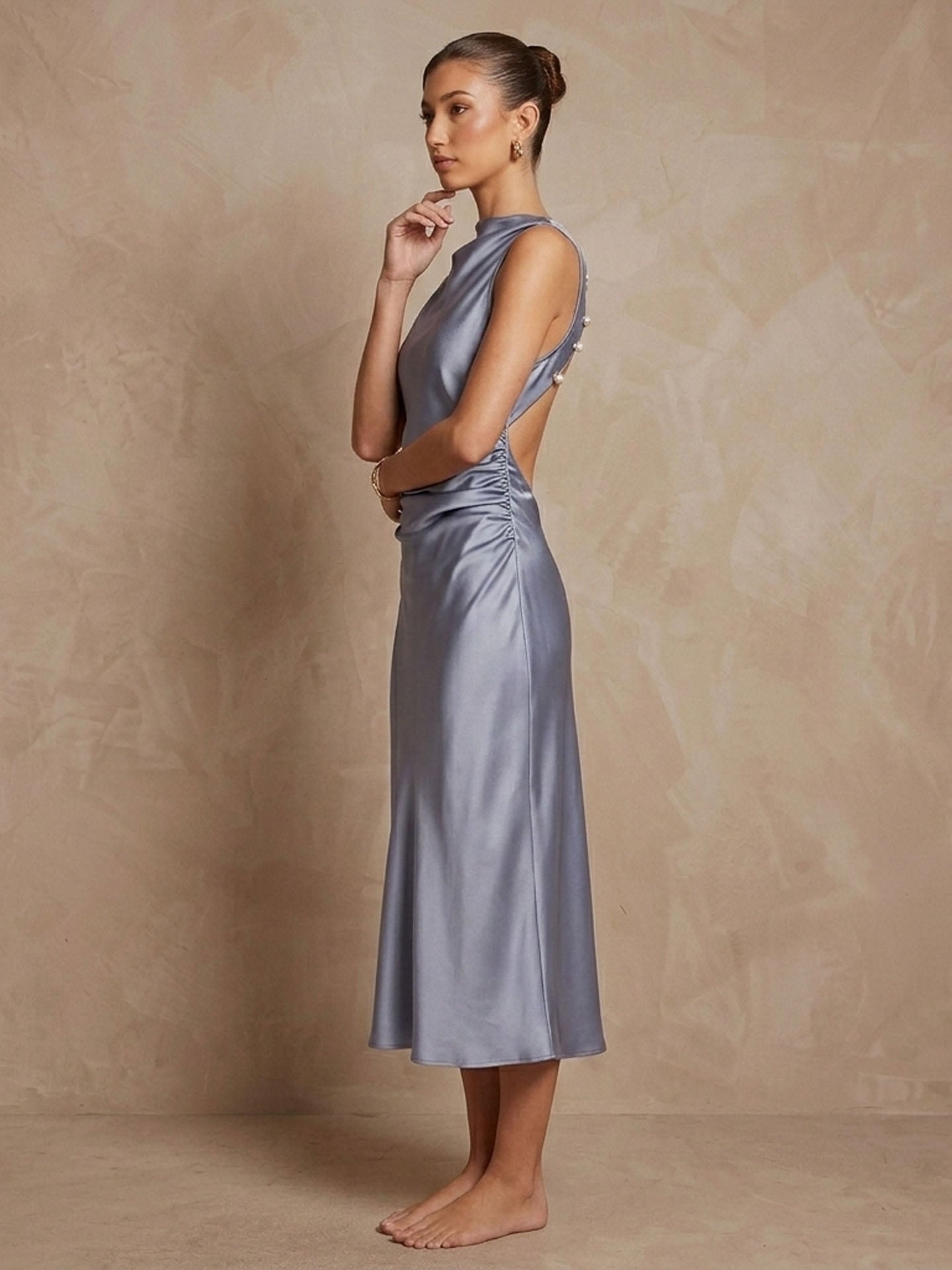 Elegant Cowl Neck Ruched Silk Midi Dress#color_Blue Grey