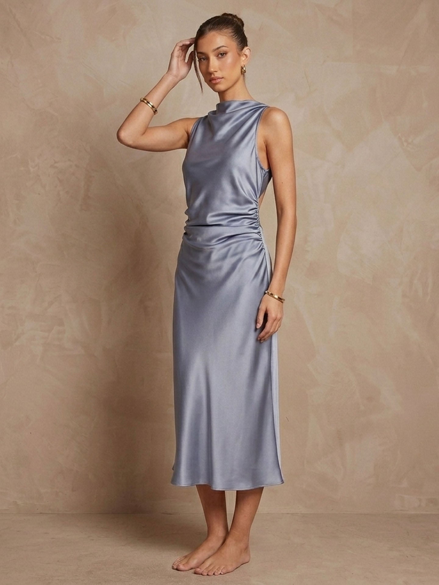Elegant Cowl Neck Ruched Silk Midi Dress#color_Blue Grey