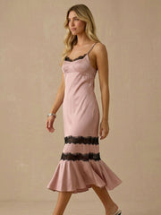 Lace Trim Silk Satin Slip Fishtail Dress #color_Blush Pink
