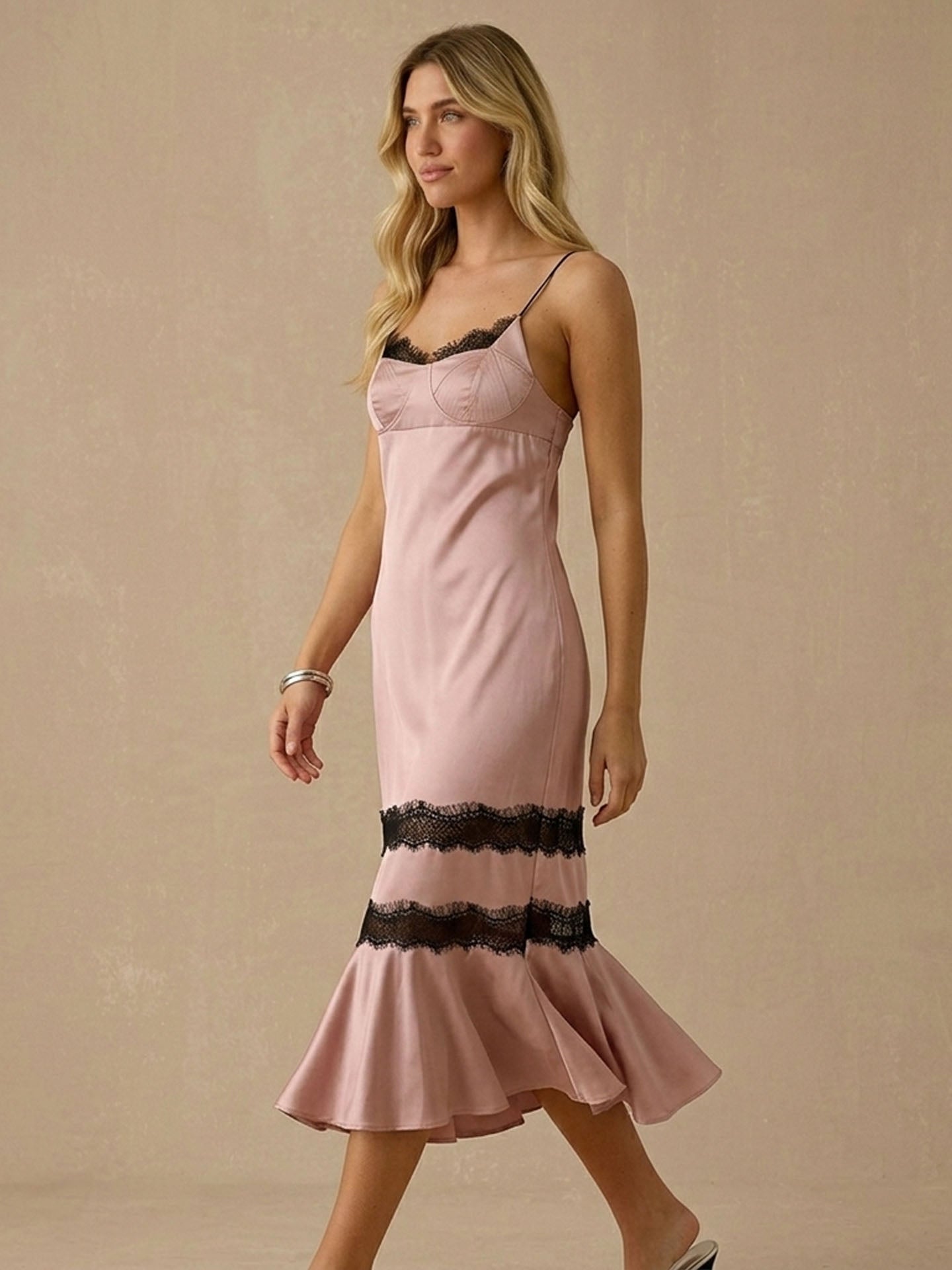 Lace Trim Silk Satin Slip Fishtail Dress #color_Blush Pink