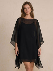 Silk Georgette One-Piece Poncho Cover-Up Dress #color_Black