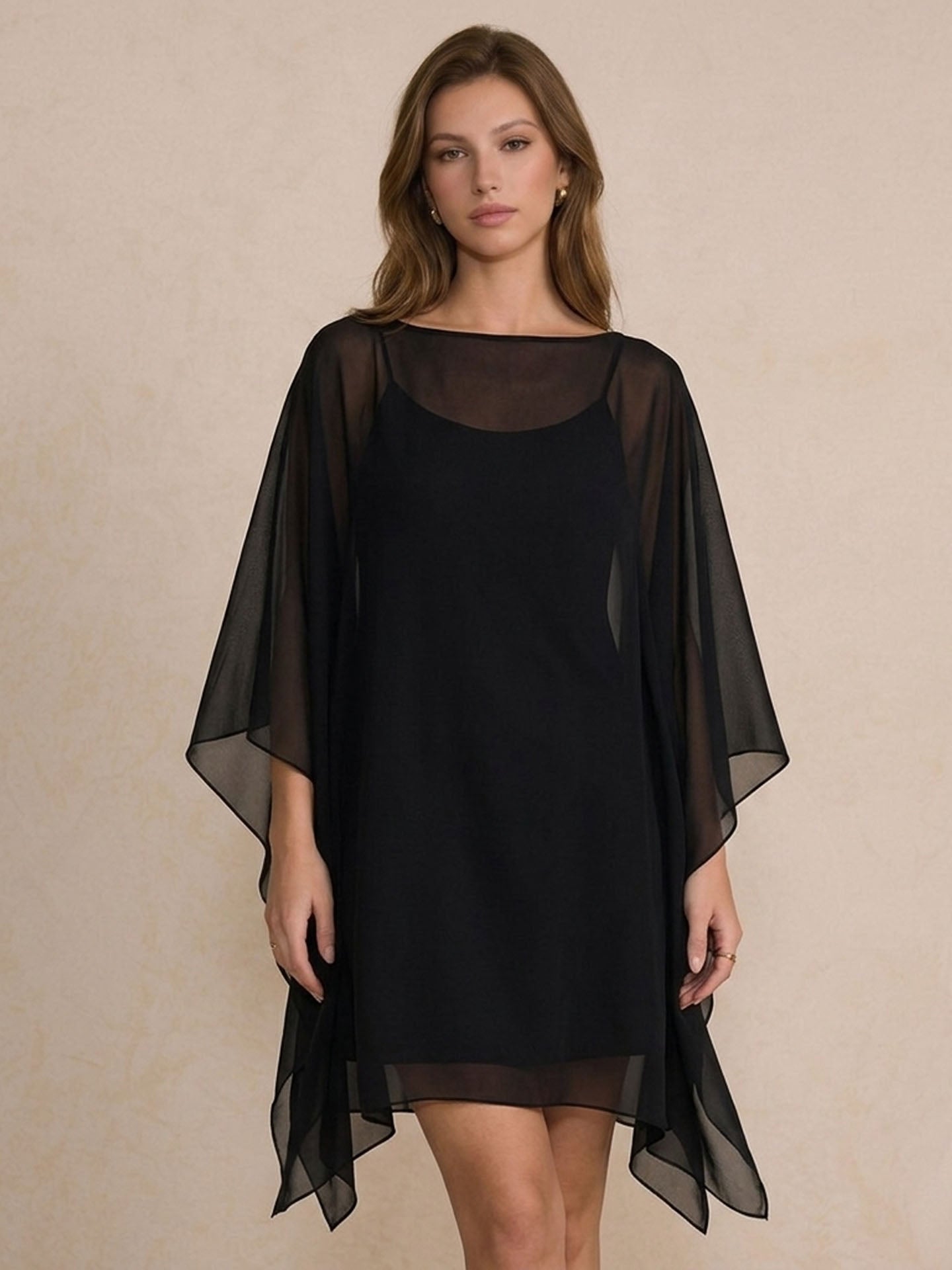 Silk Georgette One-Piece Poncho Cover-Up Dress #color_Black