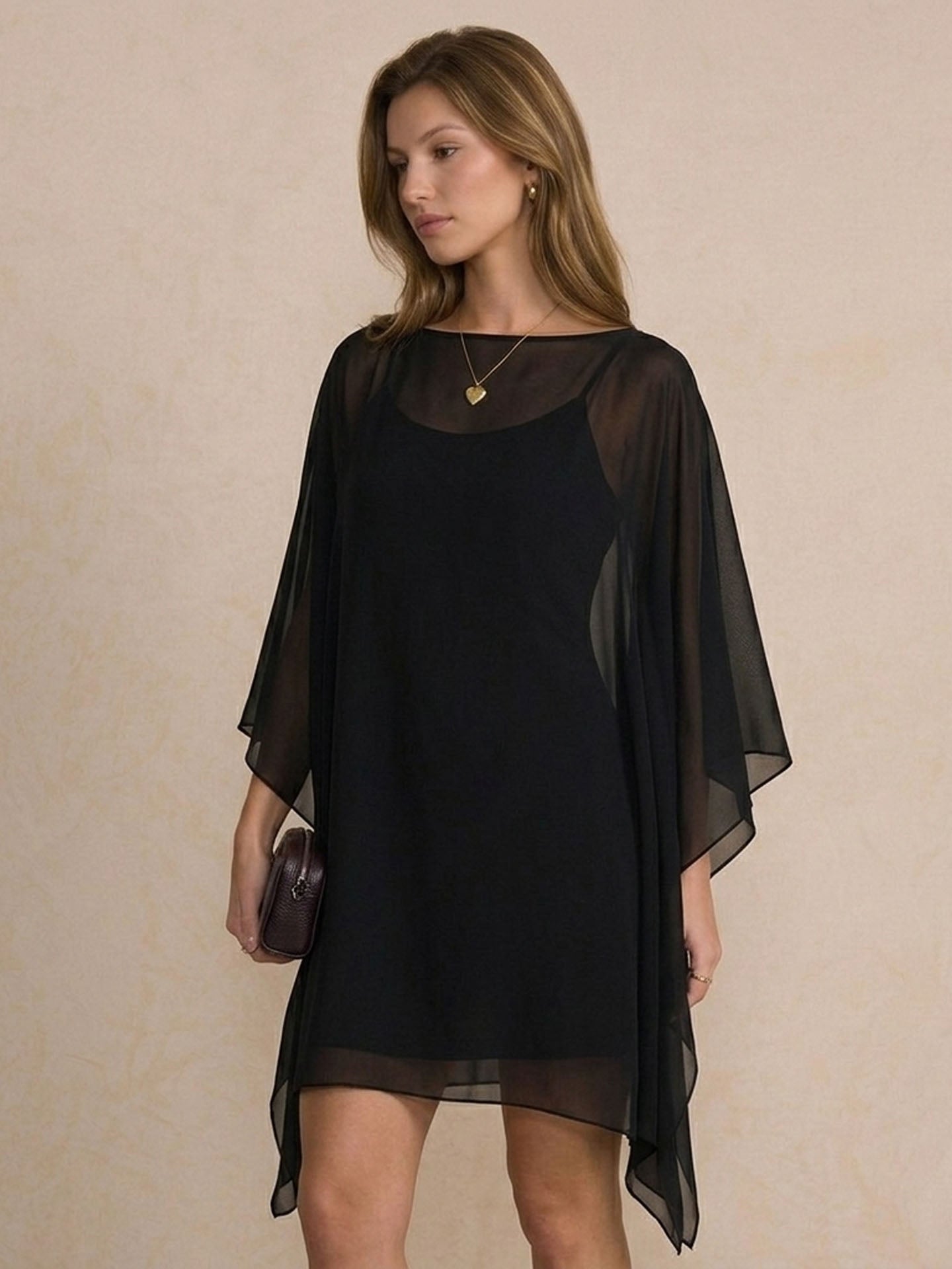 Silk Georgette One-Piece Poncho Cover-Up Dress #color_Black