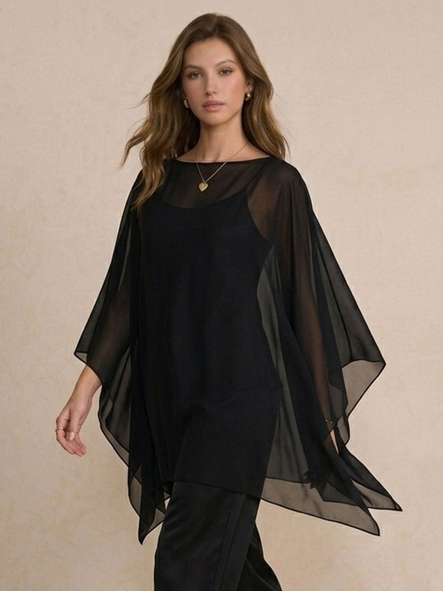Silk Georgette One-Piece Poncho Cover-Up Dress #color_Black