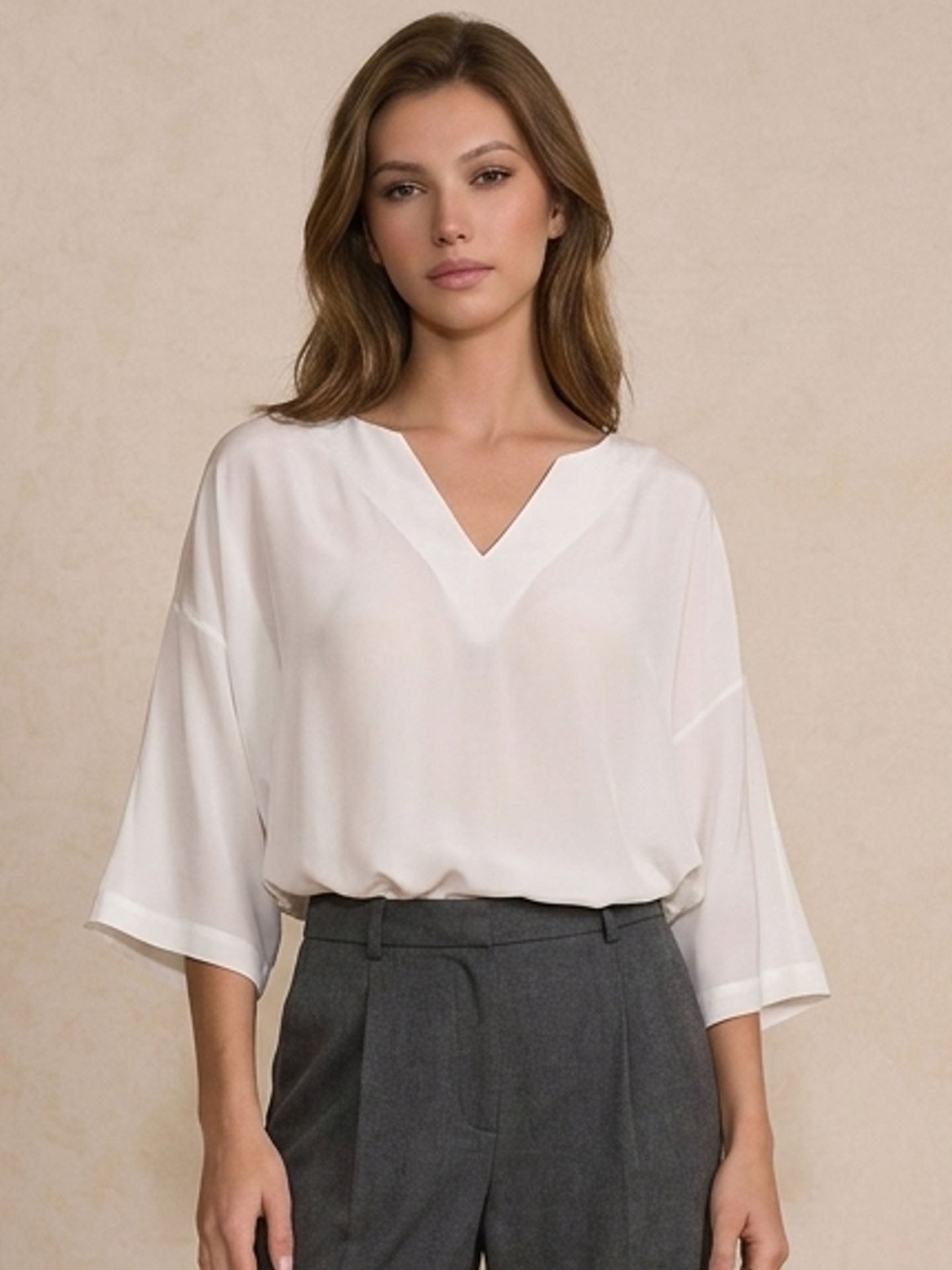 Double Crepe Silk V-Neck Blouse#Color_White