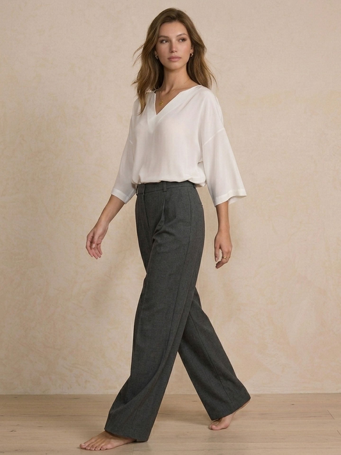 Double Crepe Silk V-Neck Blouse#Color_White