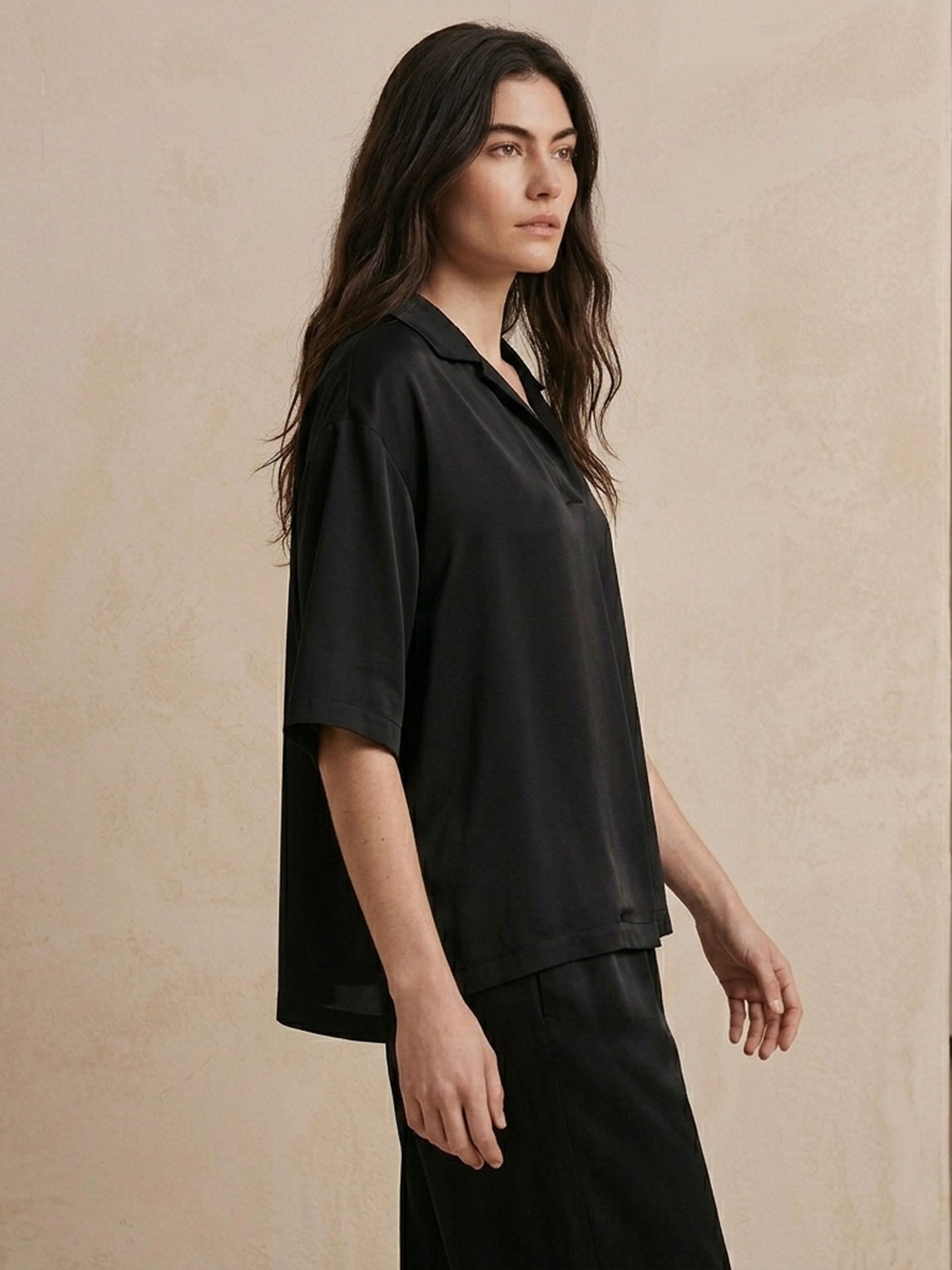 Silk Half-Placket Polo Blouse#color_Black