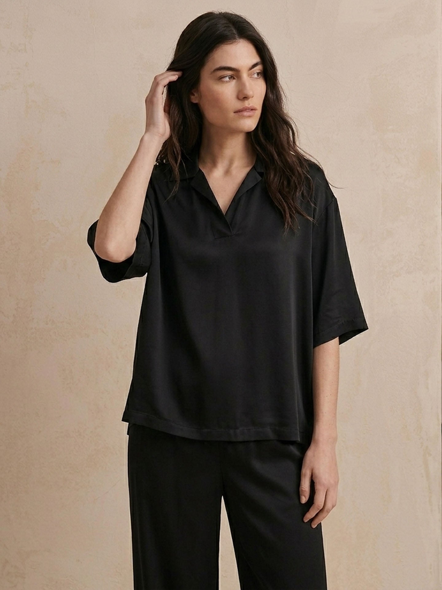 Silk Half-Placket Polo Blouse#color_Black