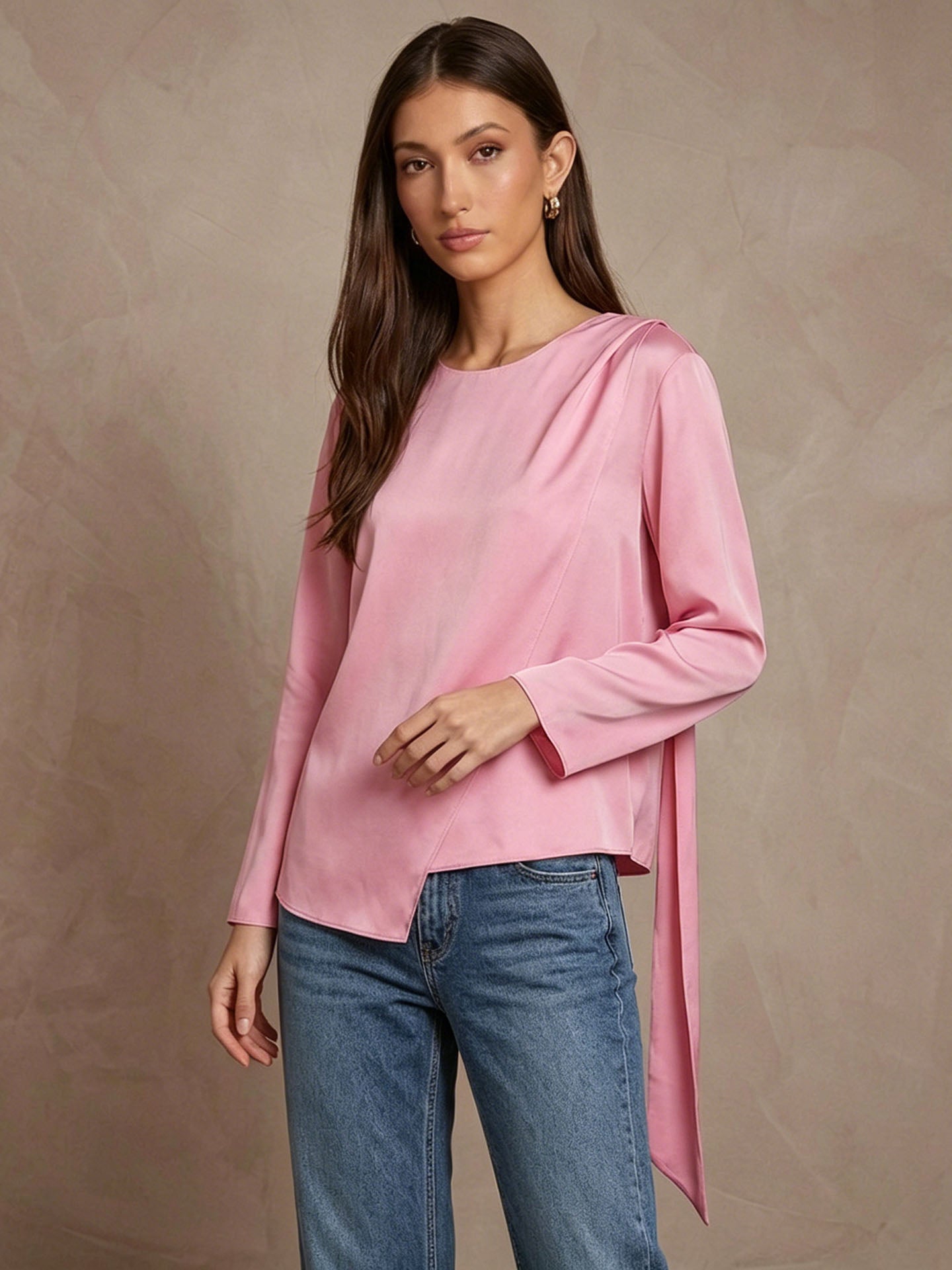 19 Momme Stretch Silk Scarf-Neck Blouse#color_Pink