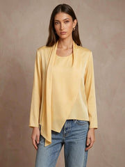 19 Momme Stretch Silk Scarf-Neck Blouse#color_Champagne