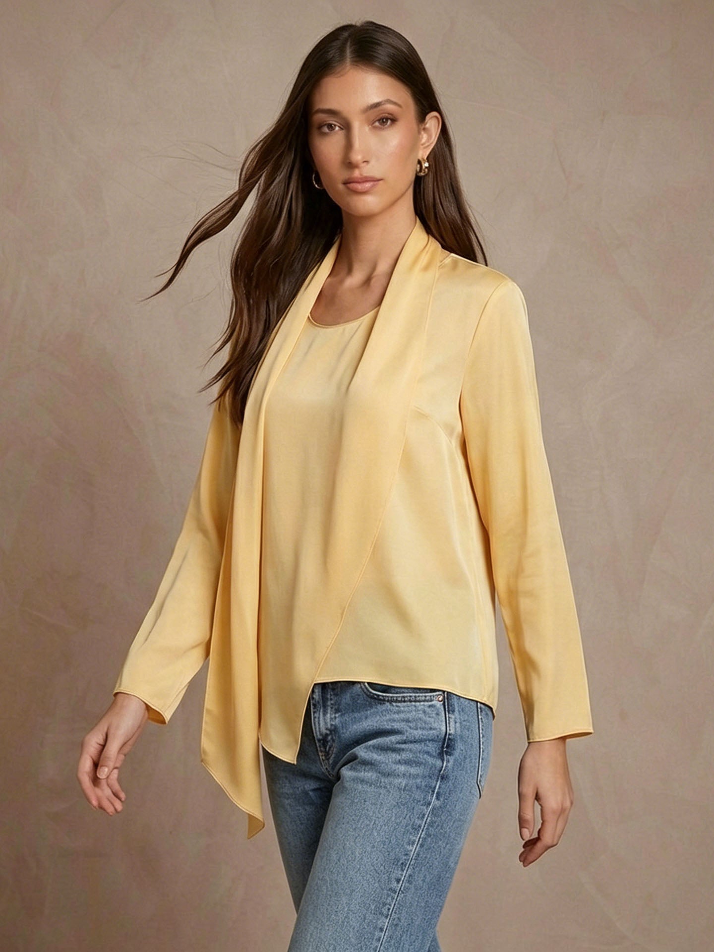 19 Momme Stretch Silk Scarf-Neck Blouse#color_Champagne