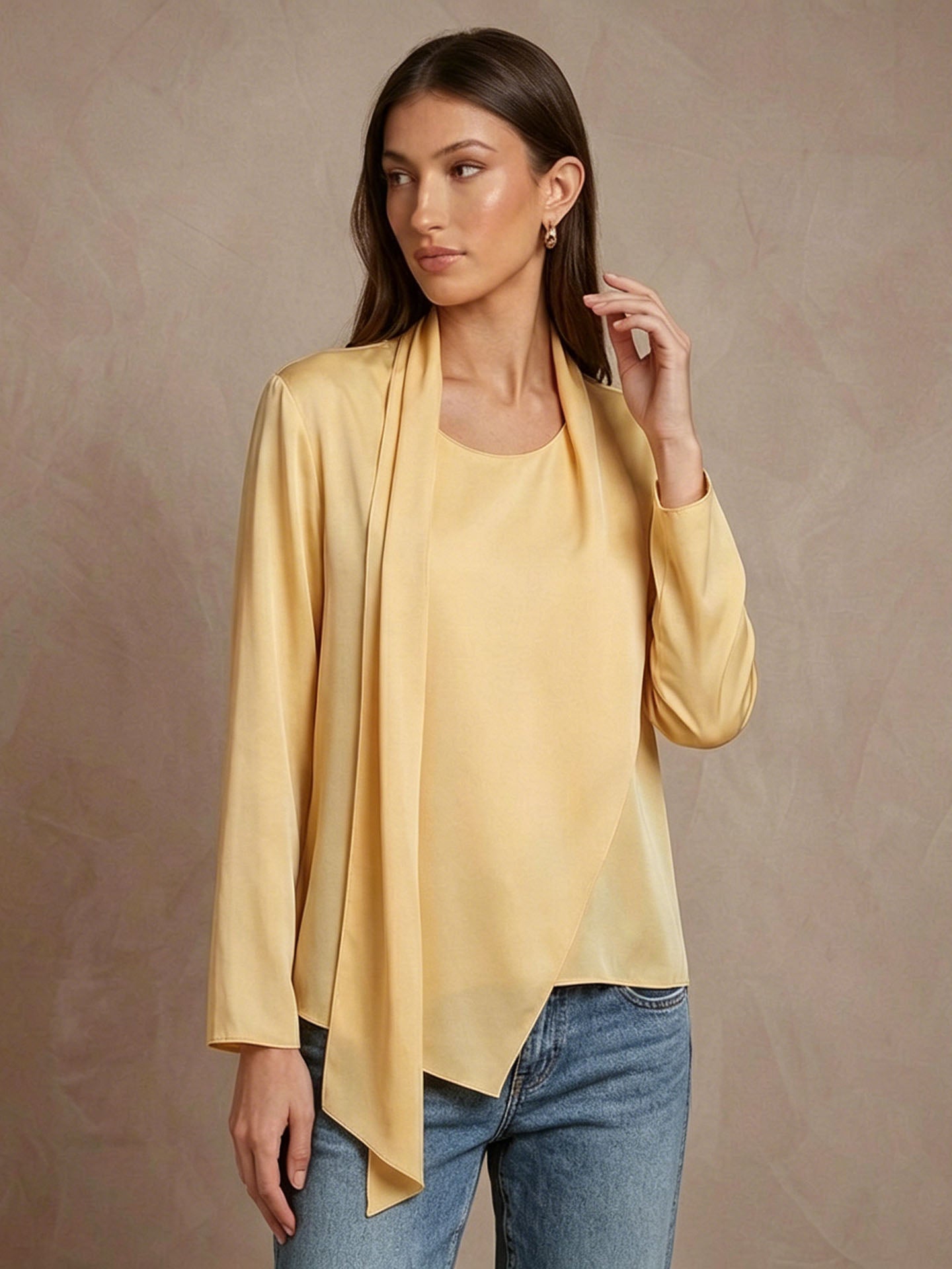 19 Momme Stretch Silk Scarf-Neck Blouse#color_Champagne