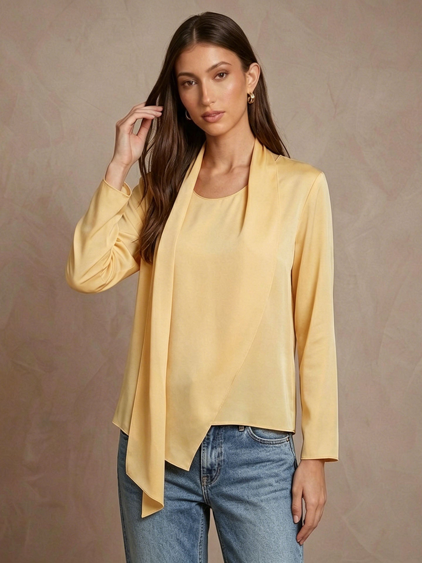 19 Momme Stretch Silk Scarf-Neck Blouse#color_Champagne