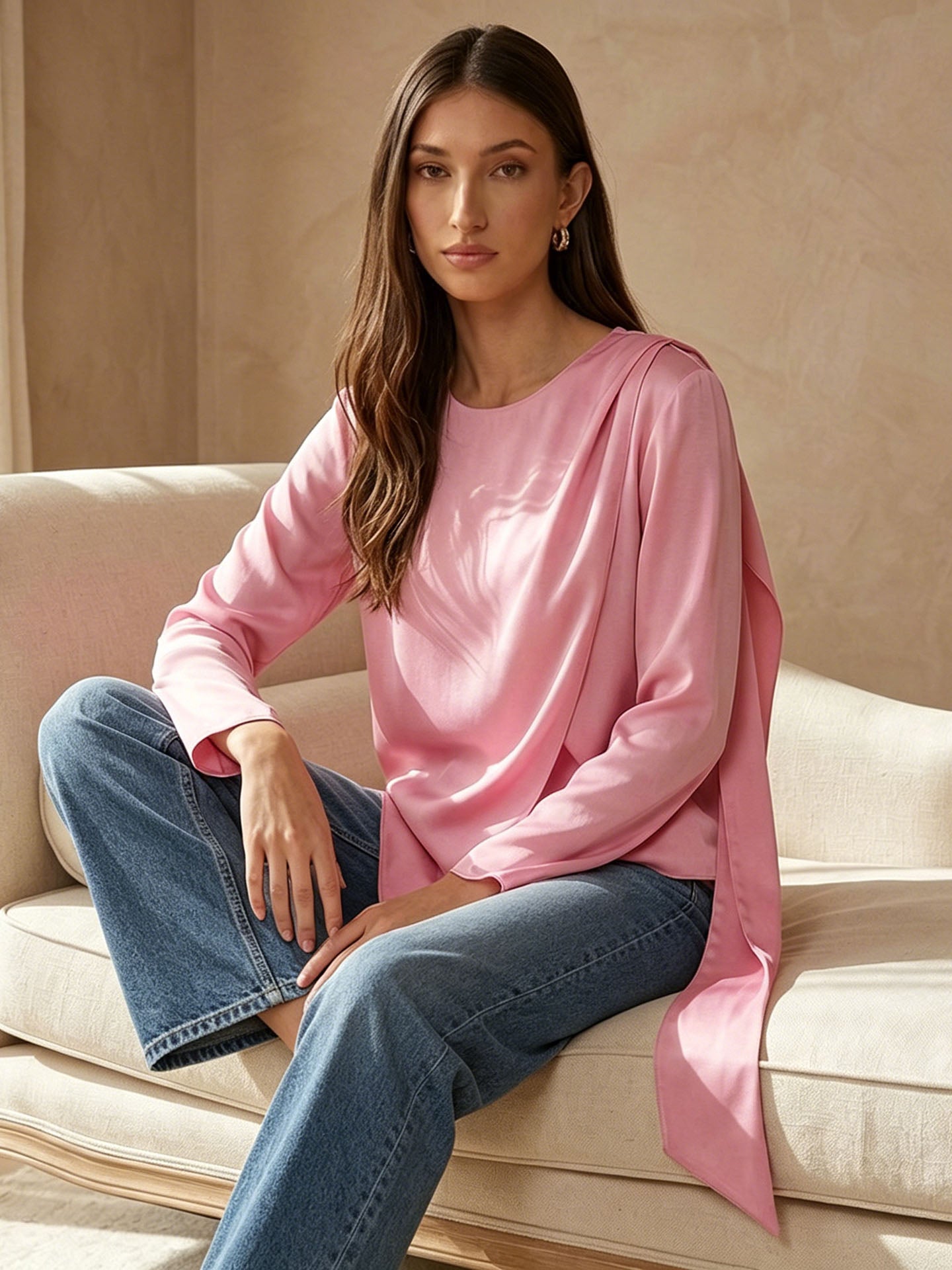 19 Momme Stretch Silk Scarf-Neck Blouse#color_Pink