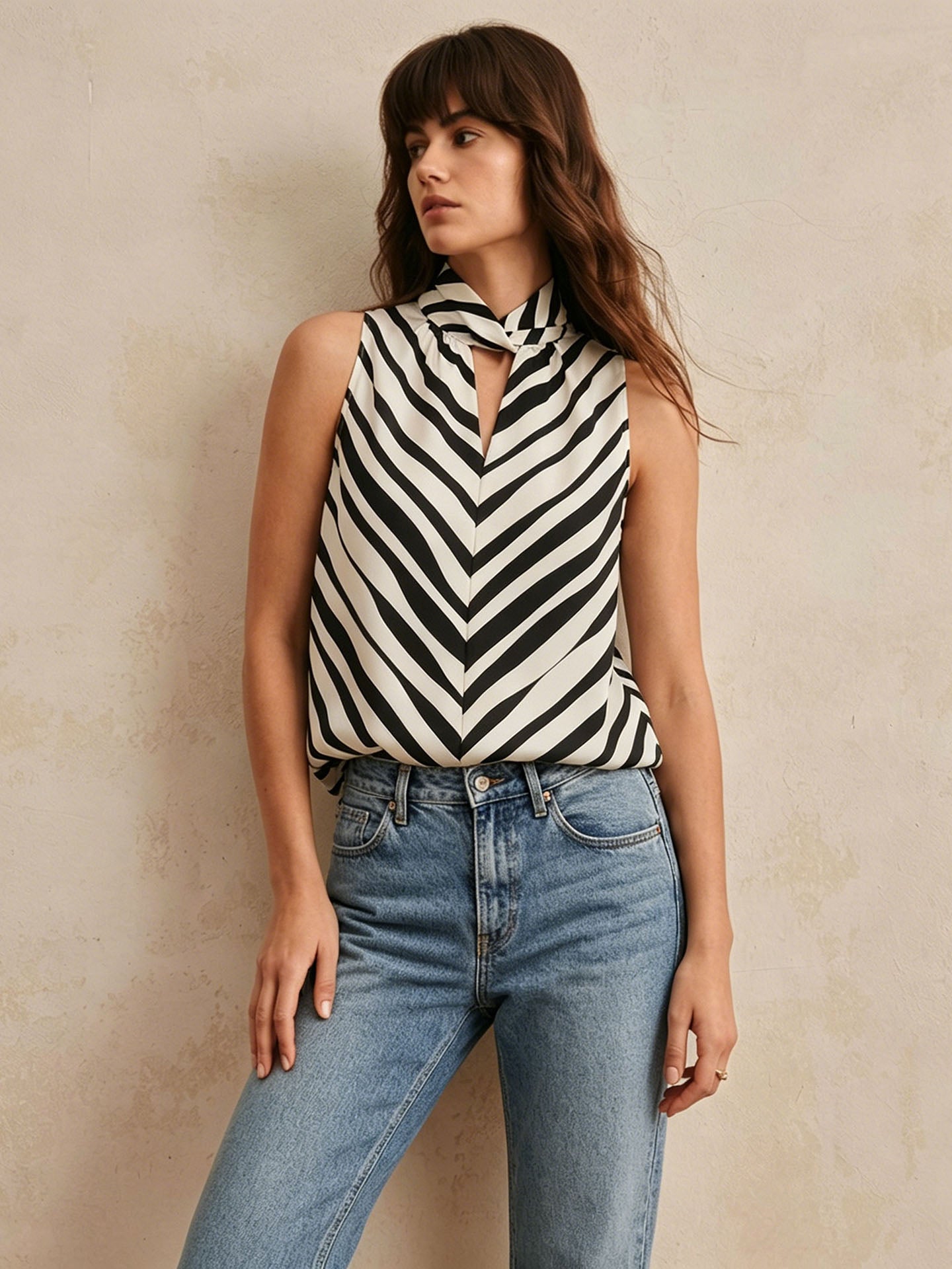 19 Momme Printed Silk Keyhole Top #color_Strip