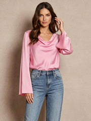 19 Momme Silk Cowl Neck Blouse#color_Pink