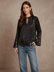 Marble Print V-Neck Flare Sleeve Silk Top#Color_Marble