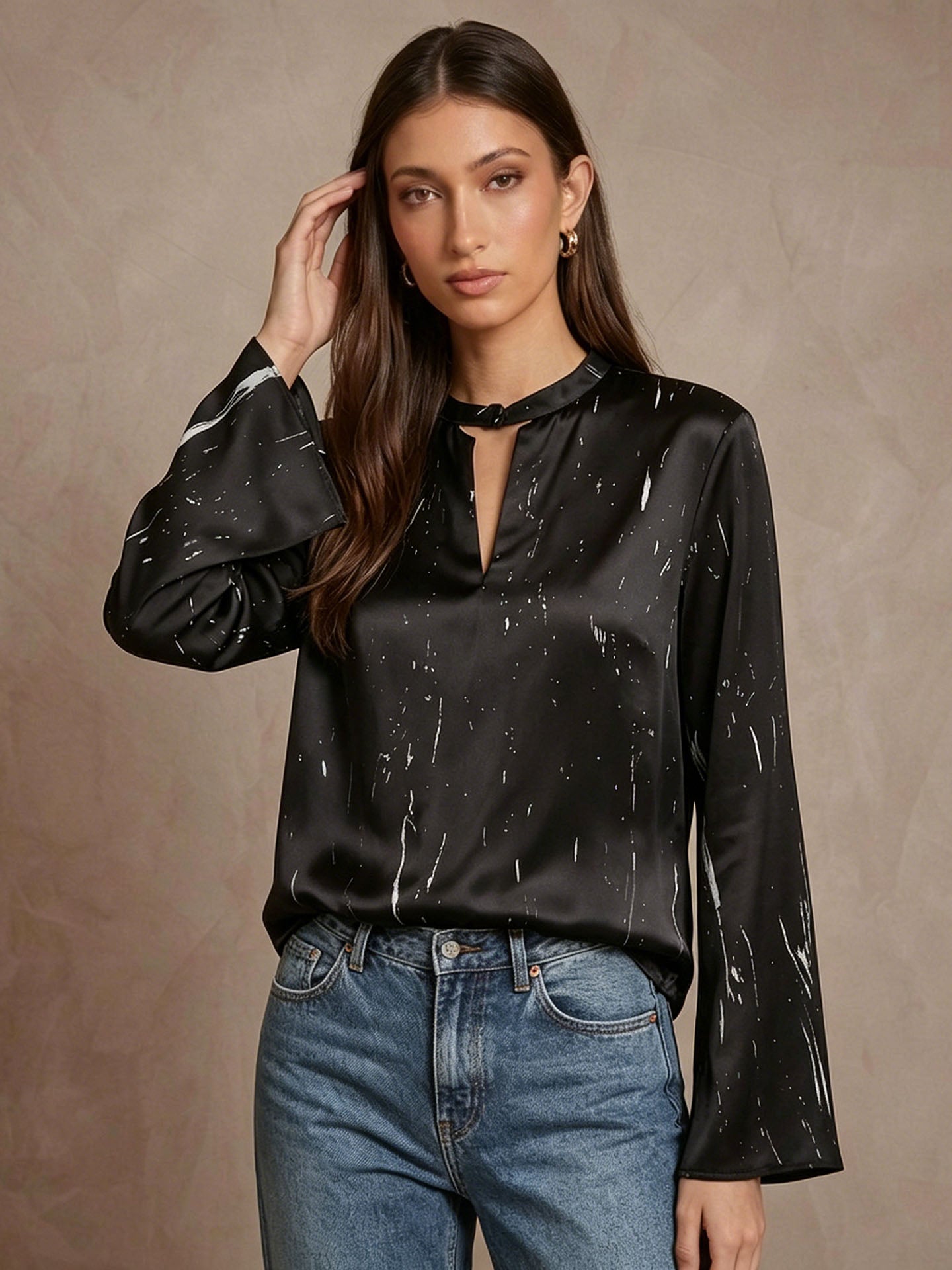 Marble Print V-Neck Flare Sleeve Silk Top#Color_Marble