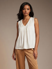 19MM Silk Pleated V-Neck Top#color_White